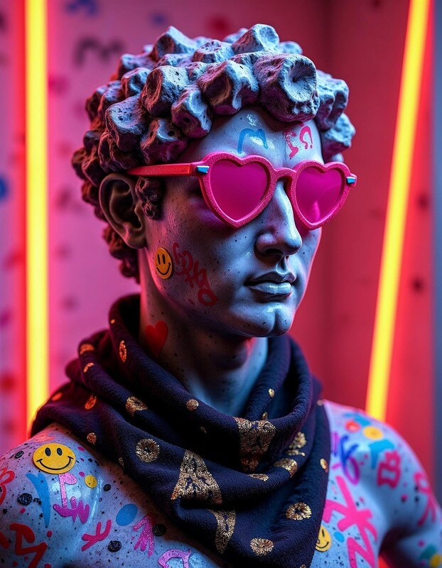 Neon Renaissance: Classical Bust Meets Cyberpunk