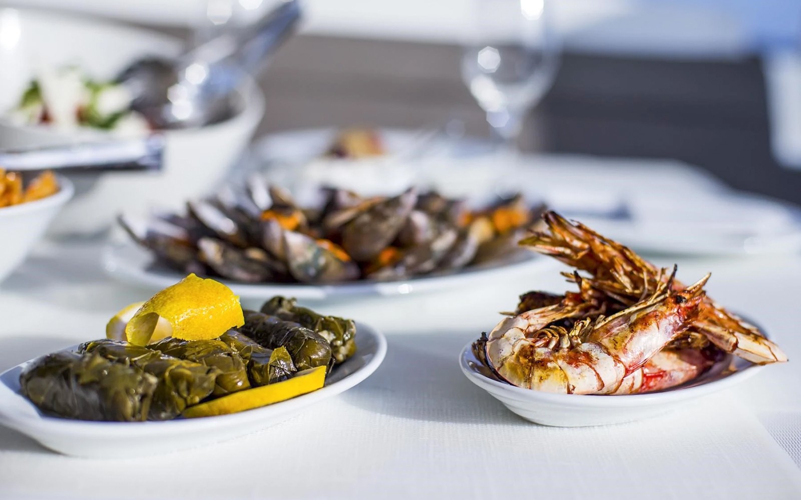 Santorini catamaran cruise meal with grilled prawns, dolmades, and mussels.