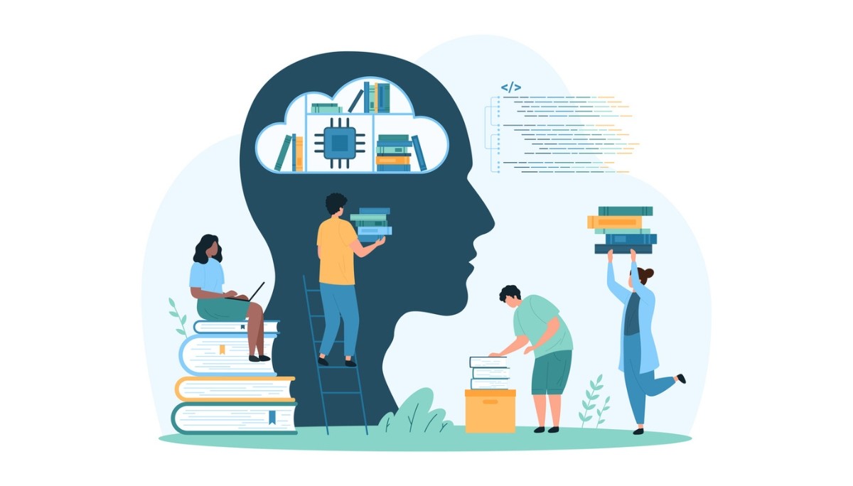 Illustration of a human head silhouette filled with books and a microchip, surrounded by people engaging in coding and learning activities, symbolizing the blend of knowledge, programming, and collaboration behind Python’s essential machine learning libraries.