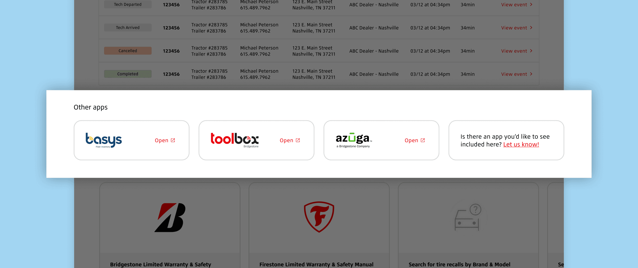 Highlighted view of 'Other apps’ section showing links to BASys, Toolbox, and Azuga