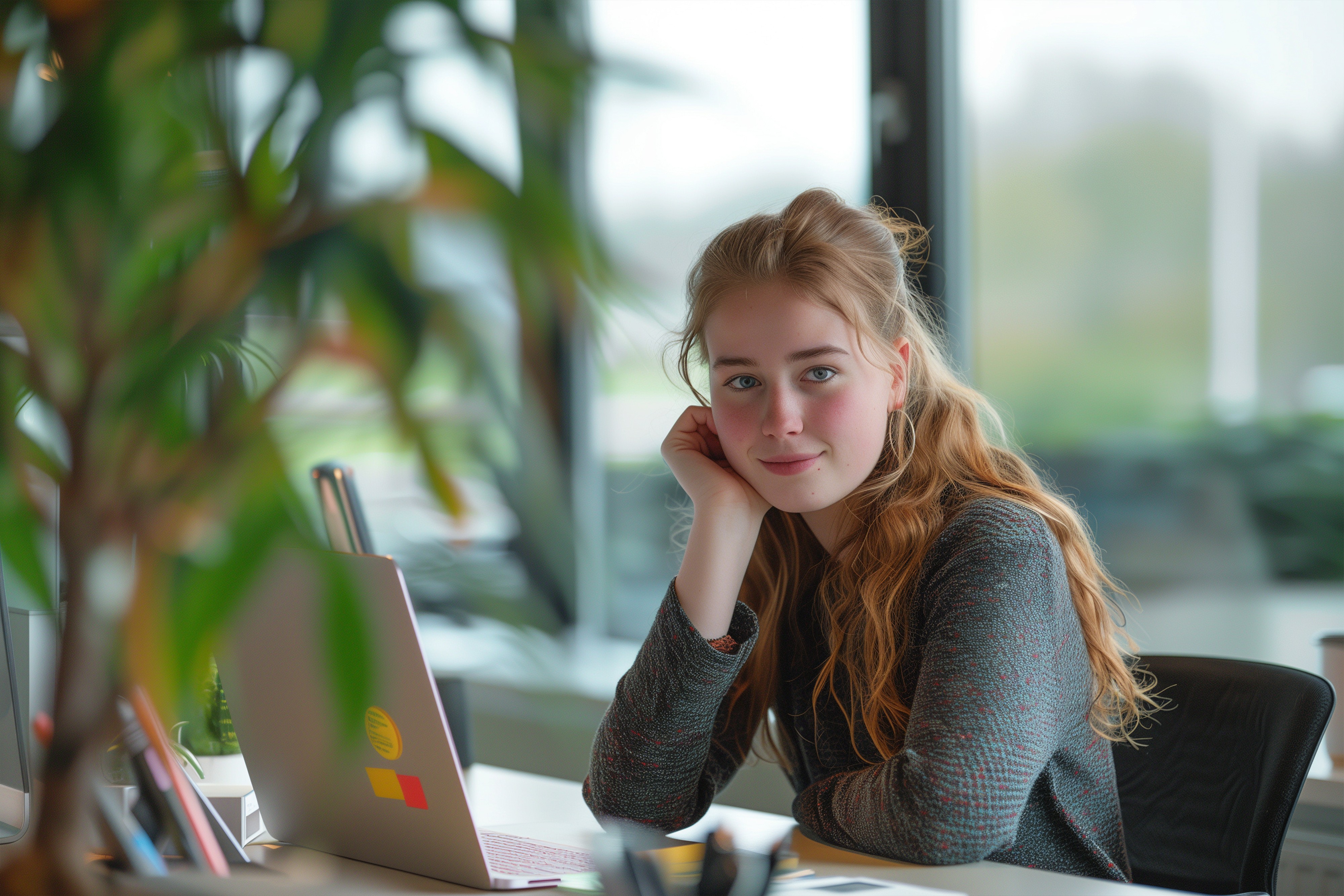 Vrouw glimlacht aan een bureau terwijl ze op een laptop werkt in een lichte kantooromgeving.