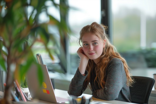 Woman smiling at a desk while working on a laptop in a bright office.