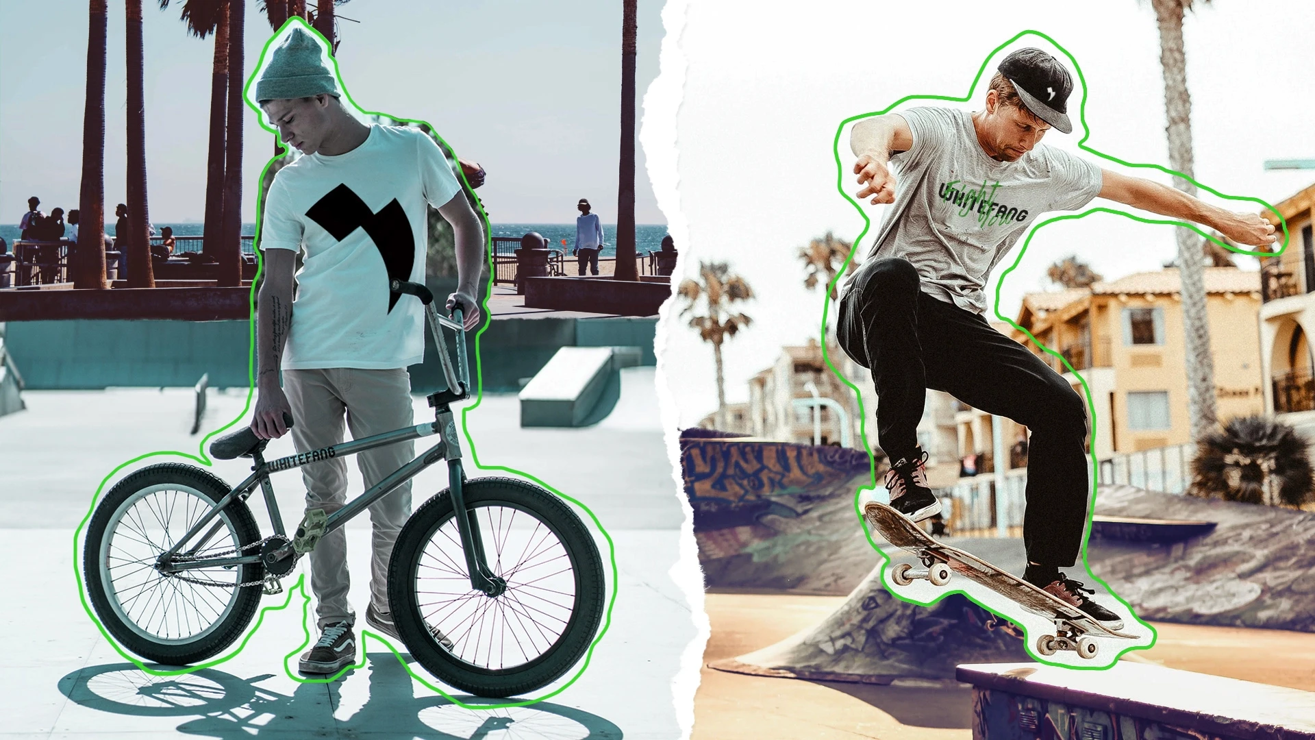 Collage of BMX Rider and Skater wearing Whitefang Merch