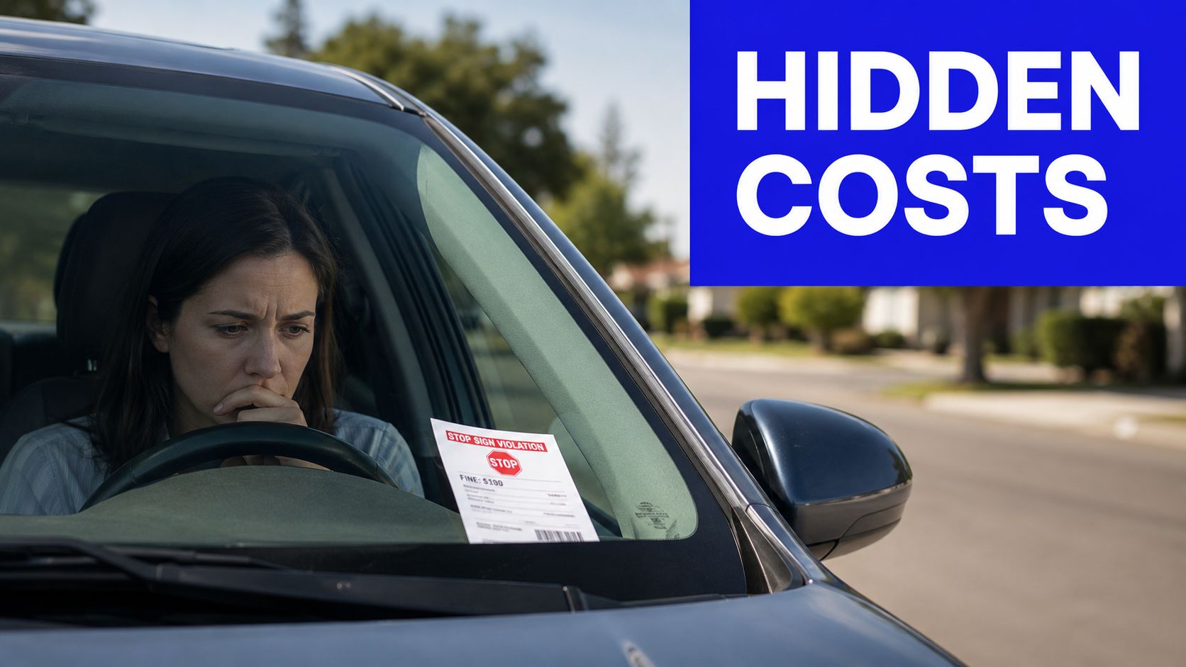 A woman looks worried while sitting in a car with a stop sign violation ticket on windshield.