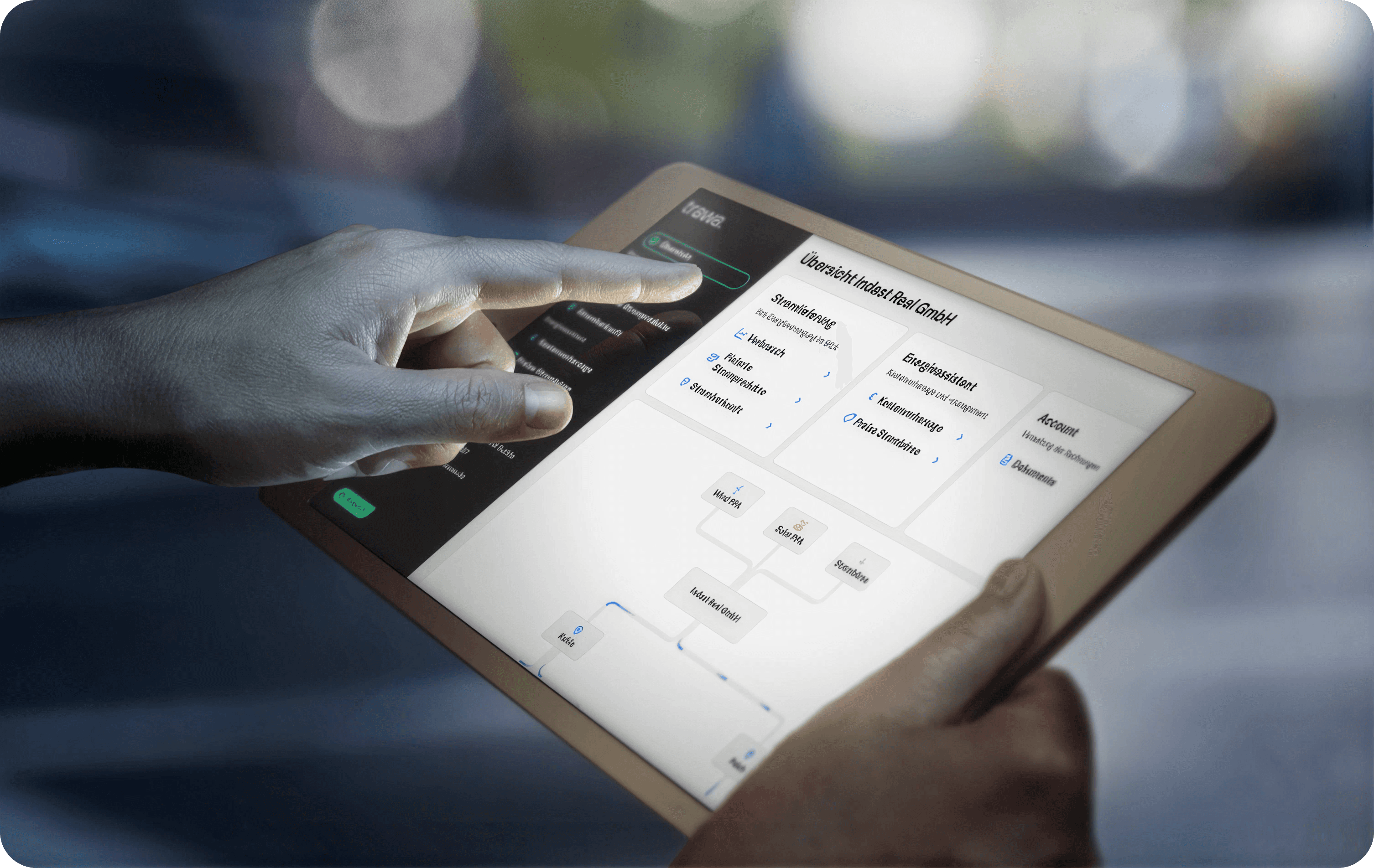 trawa Energiemanagement-Portal auf einem Tablet mit Übersicht zu Stromlieferung, Verbrauch und PPA-Portfolio.