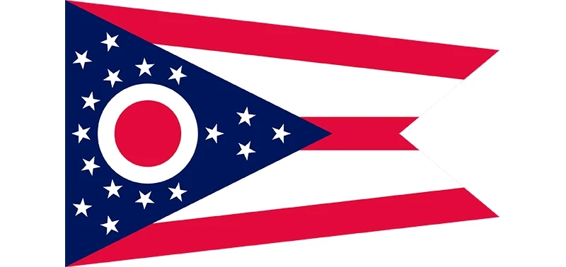 The Ohio state flag features a swallowtail design with red and white stripes, a blue triangle, 17 stars, and a red circle encircled by a white "O."