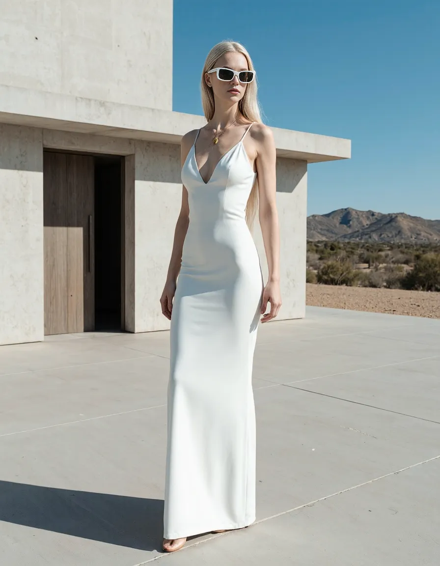Elegant white gown against modernist concrete architecture with desert landscape backdrop featuring dramatic shadows and clean lines