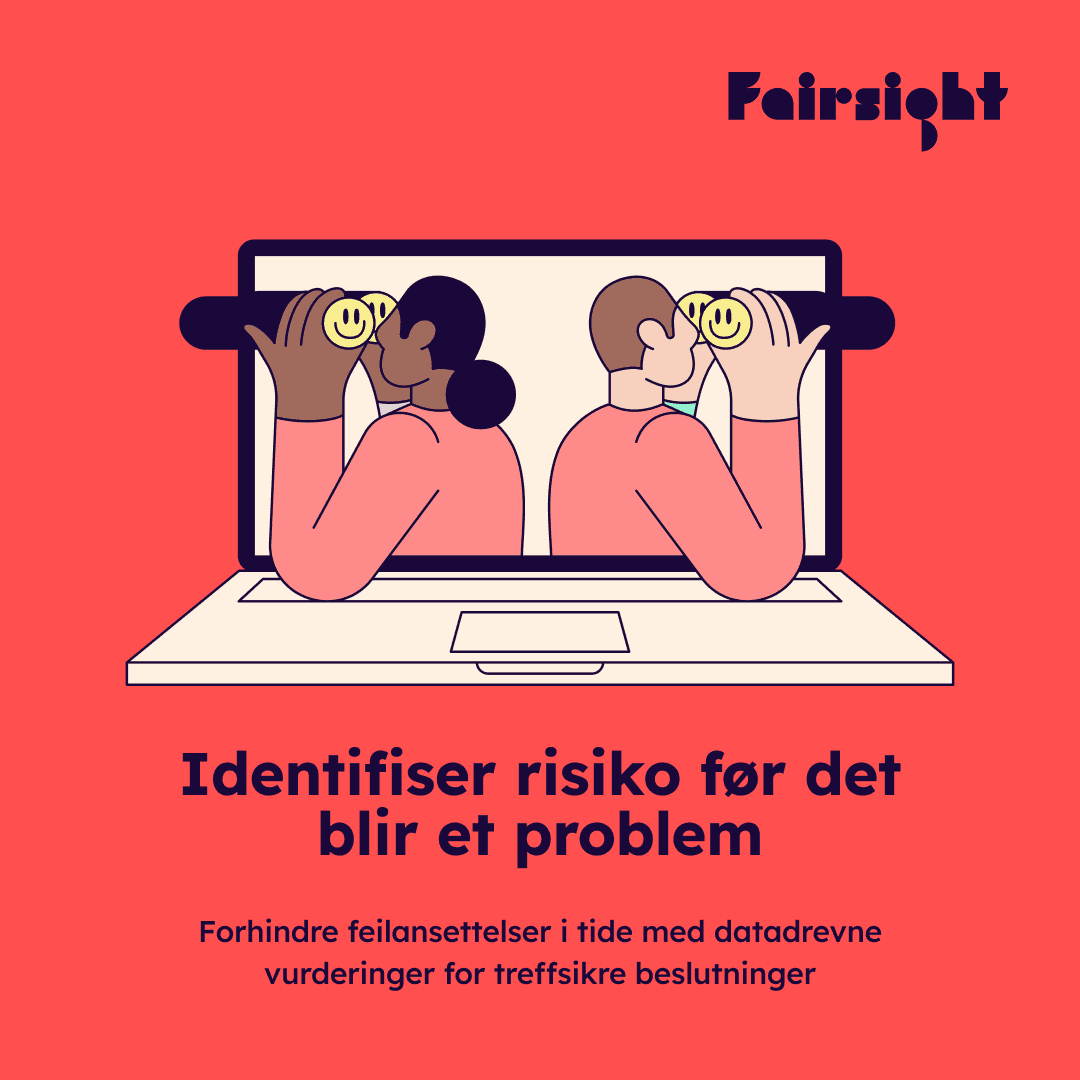 A digital advertisement featuring an illustration of two people looking through binoculars from a laptop screen on a red background, with the headline “Identify risk before it becomes a problem”.