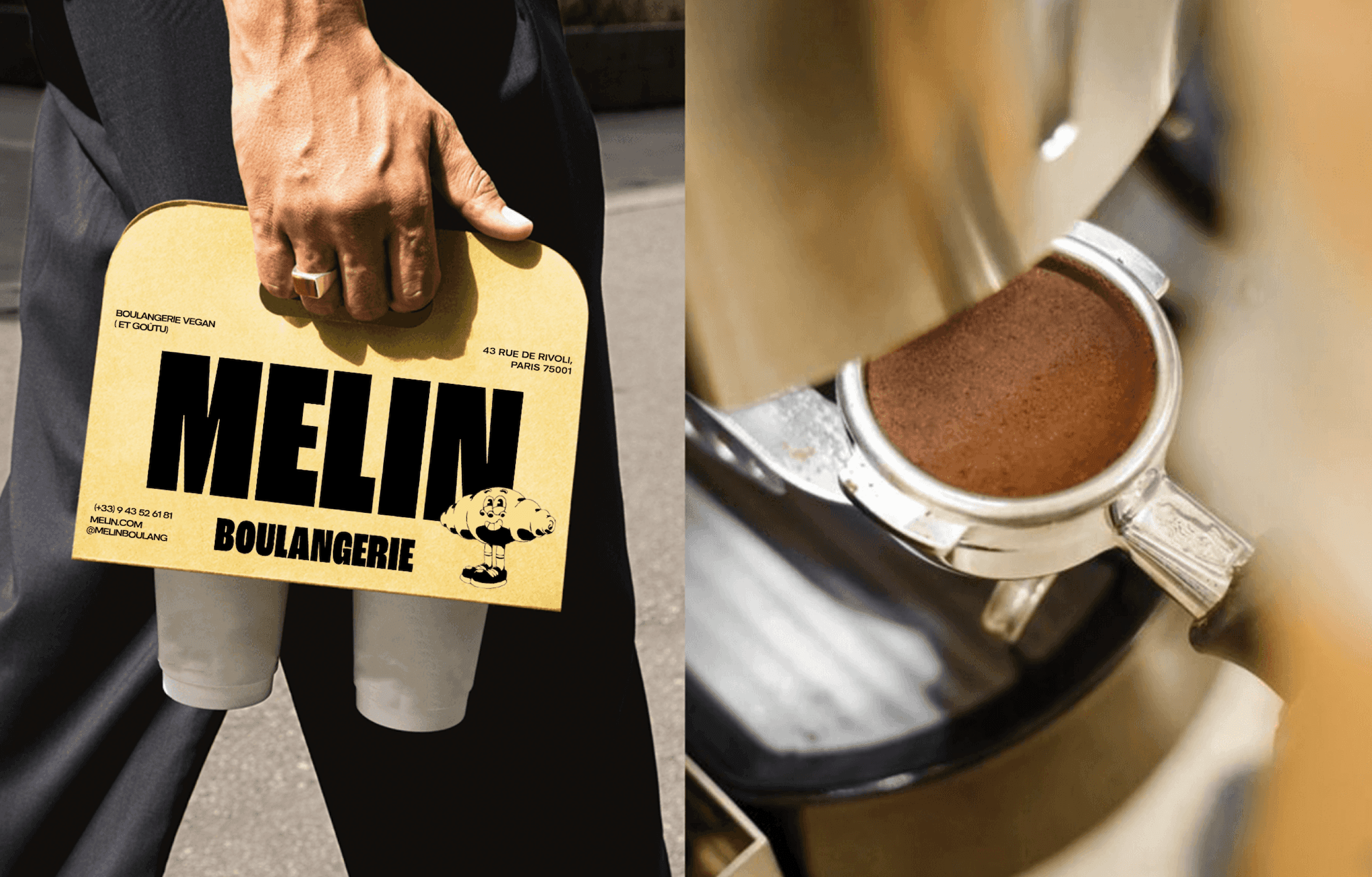 Une personne portant un sac à boissons avec l'inscription "Melin Boulangerie" et une image d'un espresso en préparation.