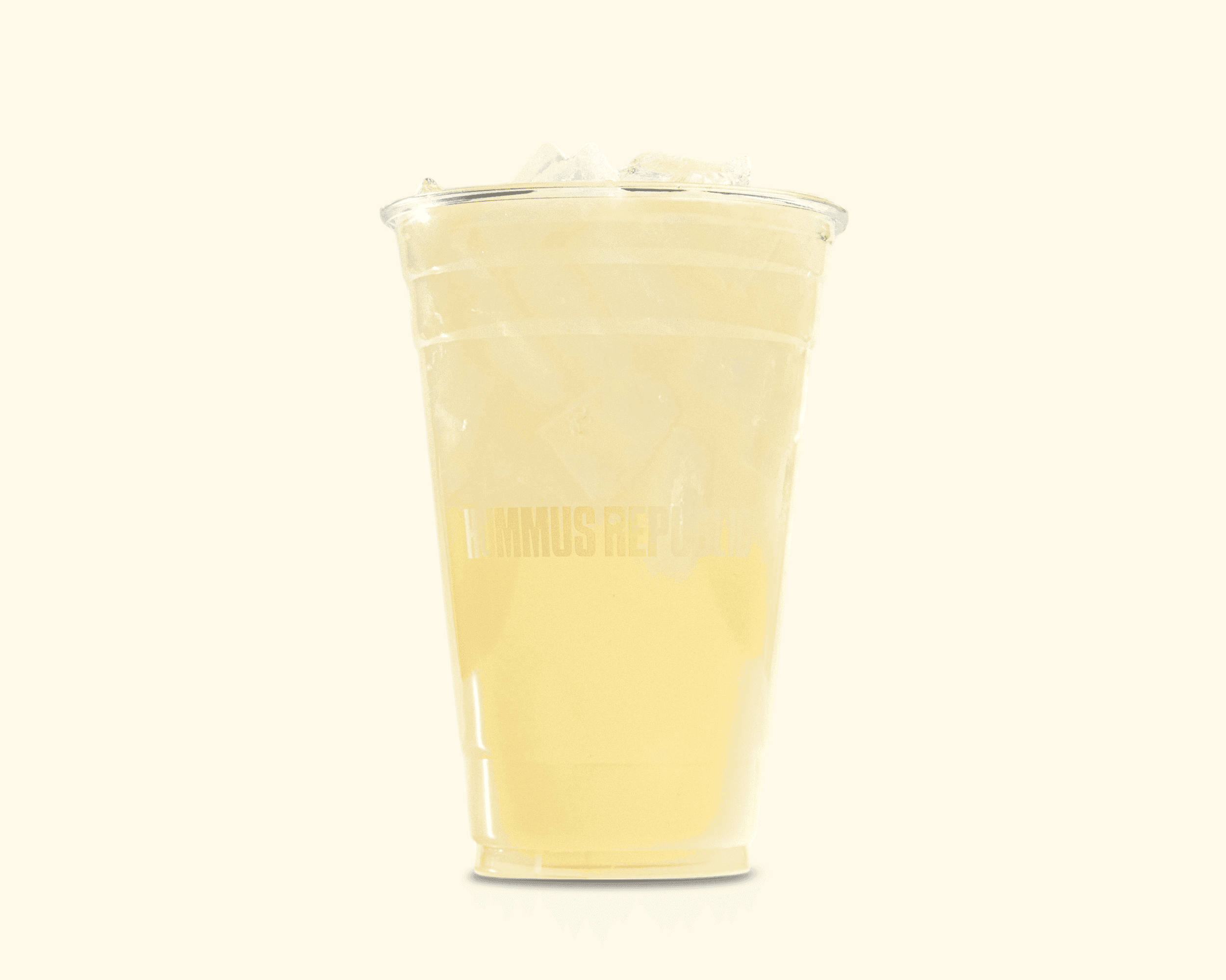 front facing shot of a plastic cup filled with yellow beverage