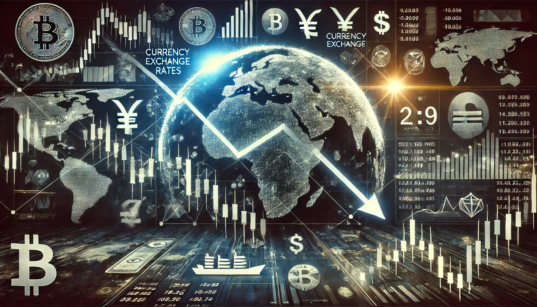 digital illustration of a downward-trending cryptocurrency chart, overlaid with global trade symbols and geopolitical elements to emphasize the impact of geopolitical tensions on the crypto market