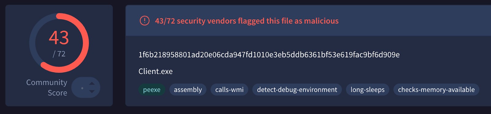 VirusTotal report showing in red “43/72 security vendors flagged this file as malicious.”