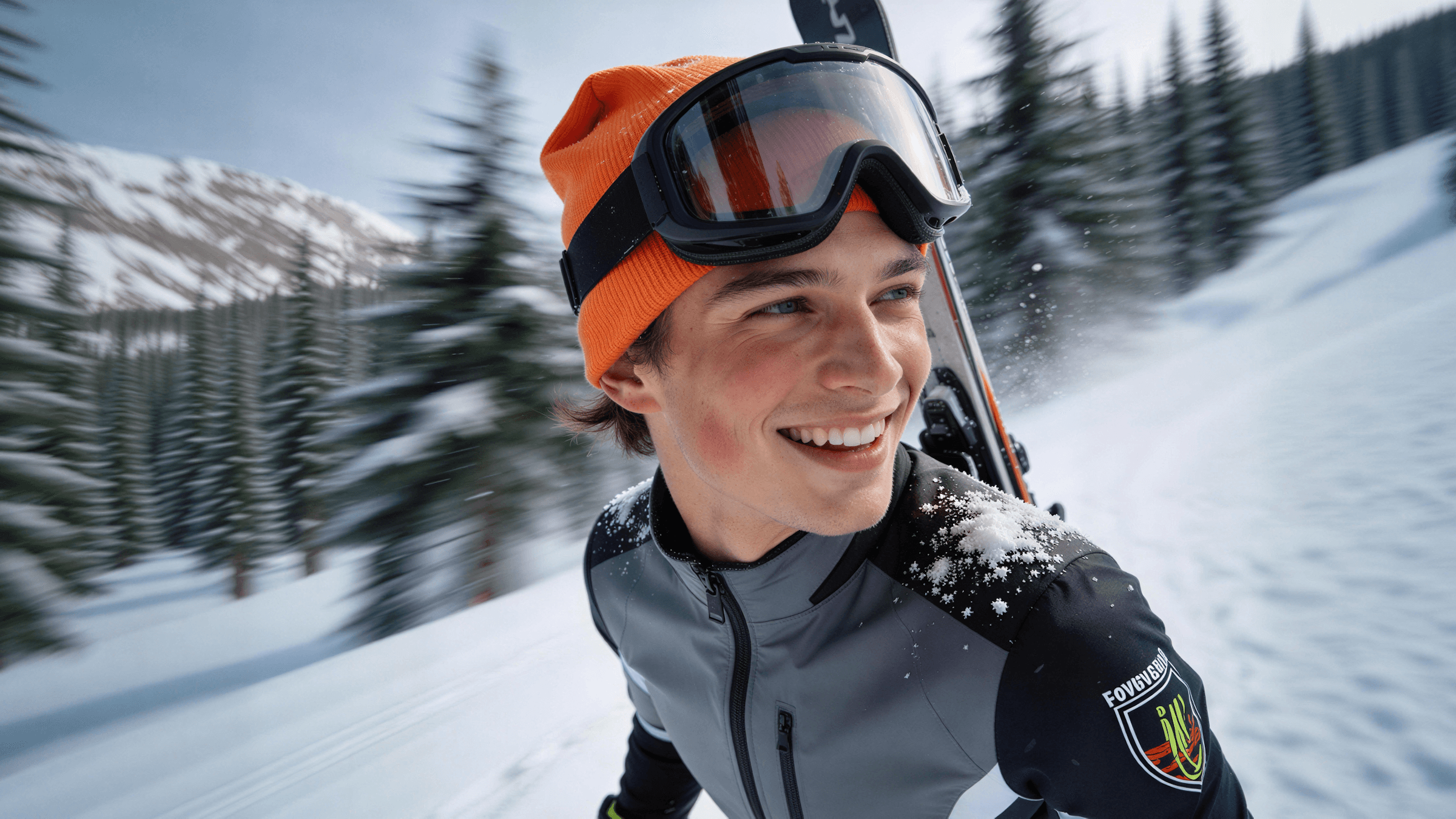 Young skier smiling on a snowy mountain slope