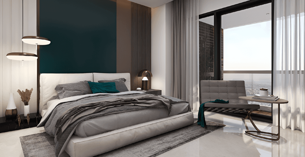 Elegant bedroom in Rose Gold Residences featuring soft lighting, modern decor, and a plush bed with rose gold accents.