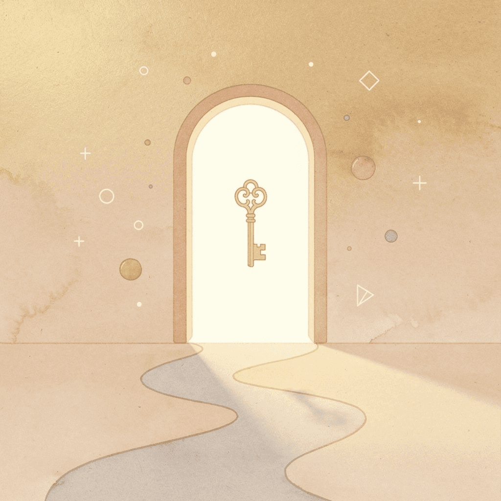 Scene of a gateway opening to a bright path, representing the postpartum return to strength training