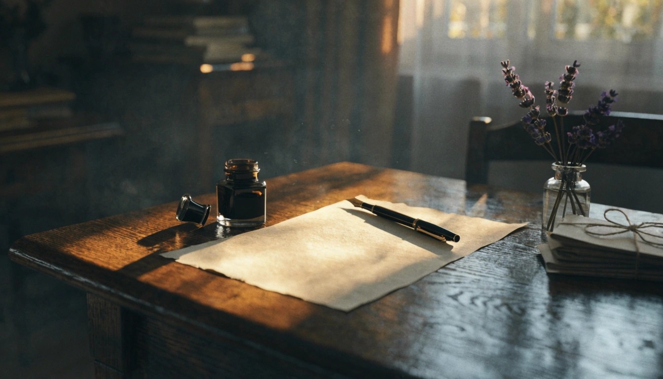 A wide-angle, cinematic hyper-realistic 8k photograph of a quiet, sunlit writing corner on a warm summer morning. Chiaroscuro lighting: Soft, warm golden hour rays stream through a window, casting deep #8C7D64 Aged Bronze highlights across a sheet of cream linen paper, an open bottle of dark ink, and a vintage fountain pen. Velvety #0F151E Celestial Shadows frame the edges of the dark oak desk.