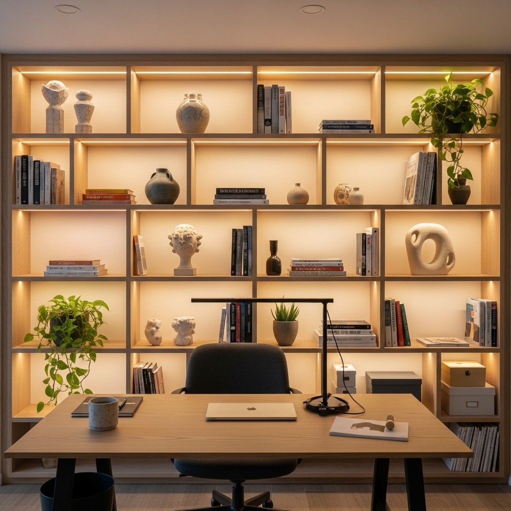 Studio office concept featuring backlit shelving, warm lighting, and a clean modern workspace.