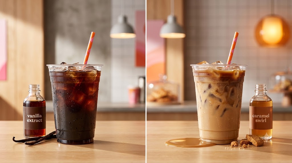 An eye-catching visual comparison of two iced coffees side-by-side for a nutrition guide. The left side features a low-calorie black iced coffee with a bottle of 'vanilla extract' and vanilla beans, representing a healthy choice. The right side displays an indulgent, creamy iced coffee with a bottle of 'caramel swirl' and cookie crumbles, highlighting the difference in calorie and sugar content. Both have orange-striped straws.