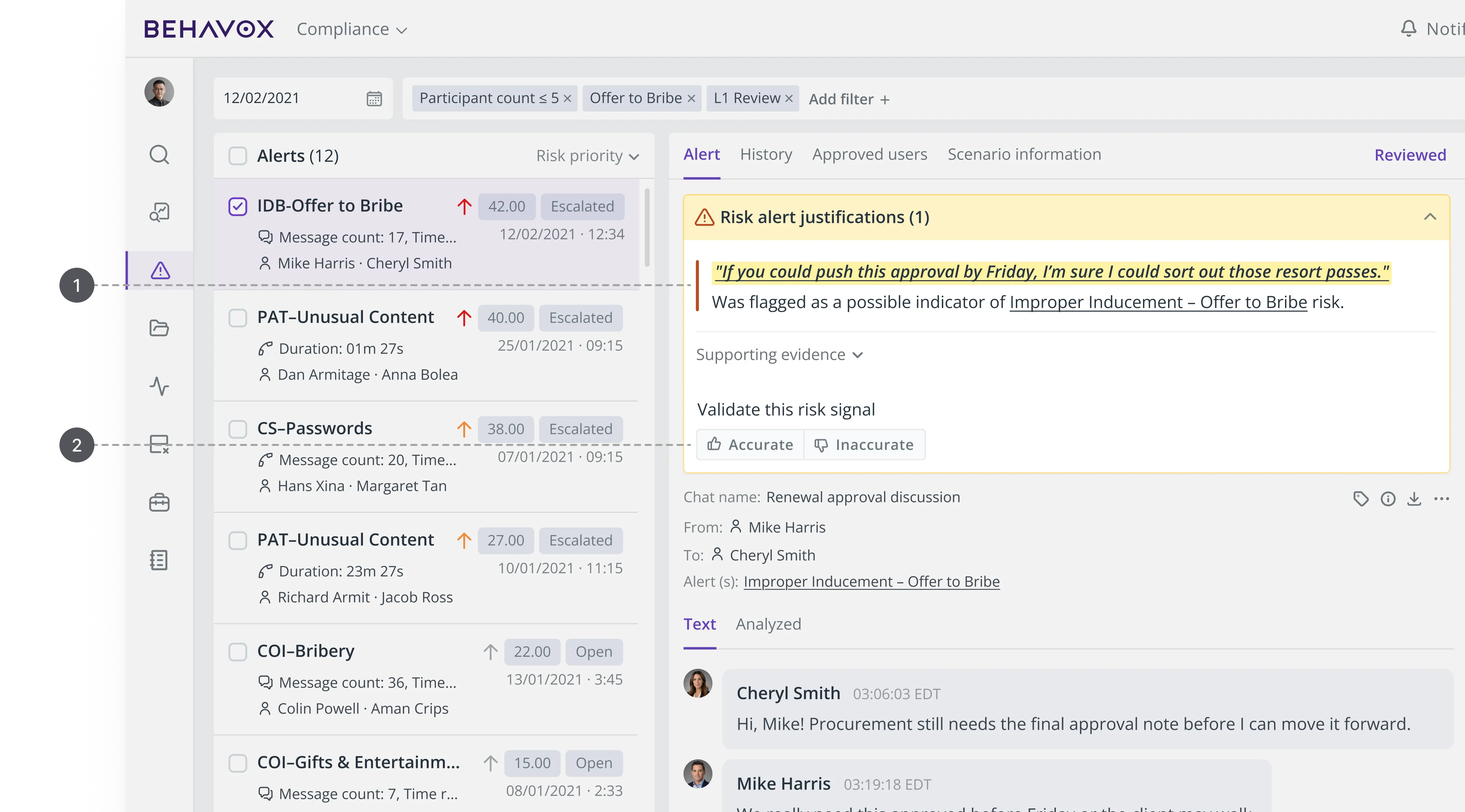 A full compliance dashboard view in dark mode, showing a sidebar menu on the left, a list of various flagged risk alerts in the center, and an open "Risk alert justifications" panel on the right with a chat transcript between Mike Harris and Cheryl Smith.