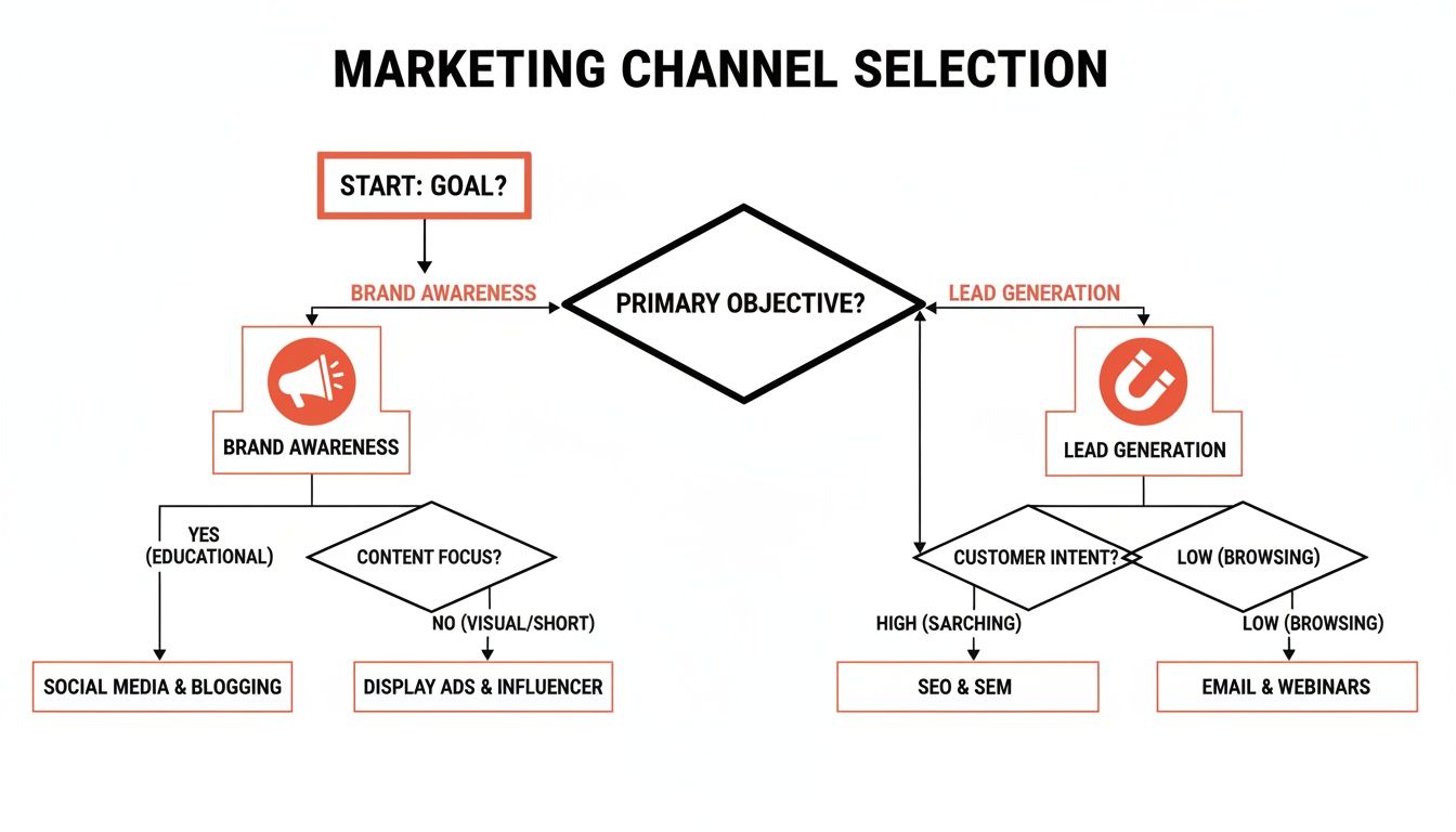 Flowchart guiding marketing channel selection based on primary objectives like brand awareness or lead generation.