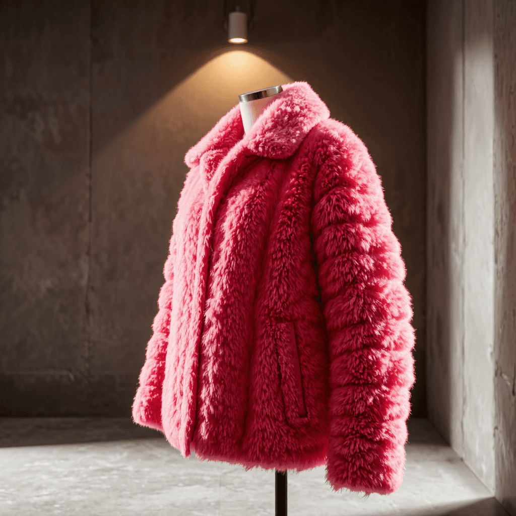product photography of a stylish faux fur jacket