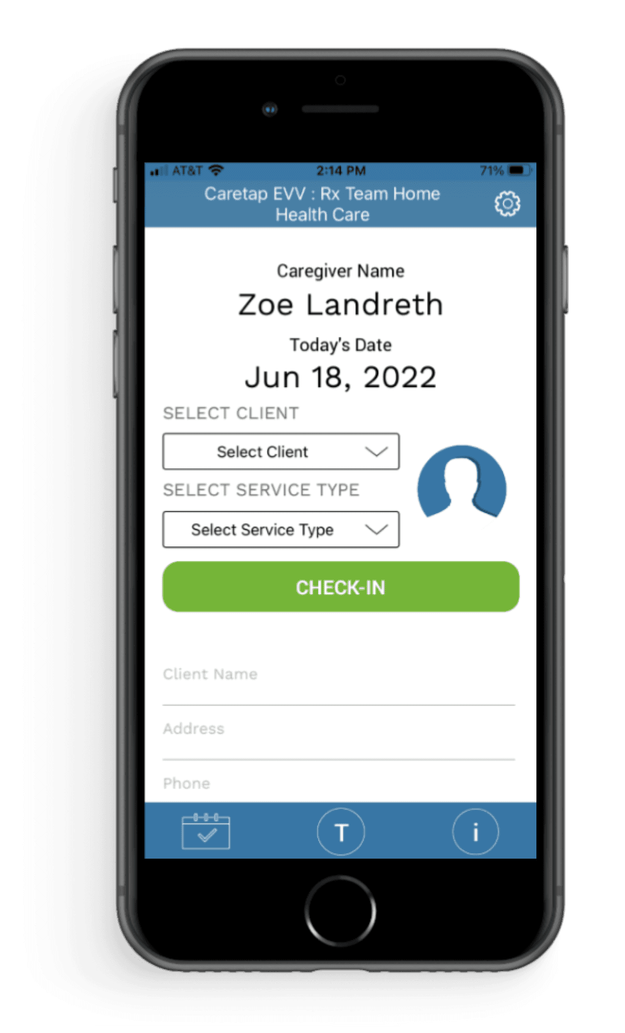 iPhone mockup of the current Caretap EVV mobile app before changes.