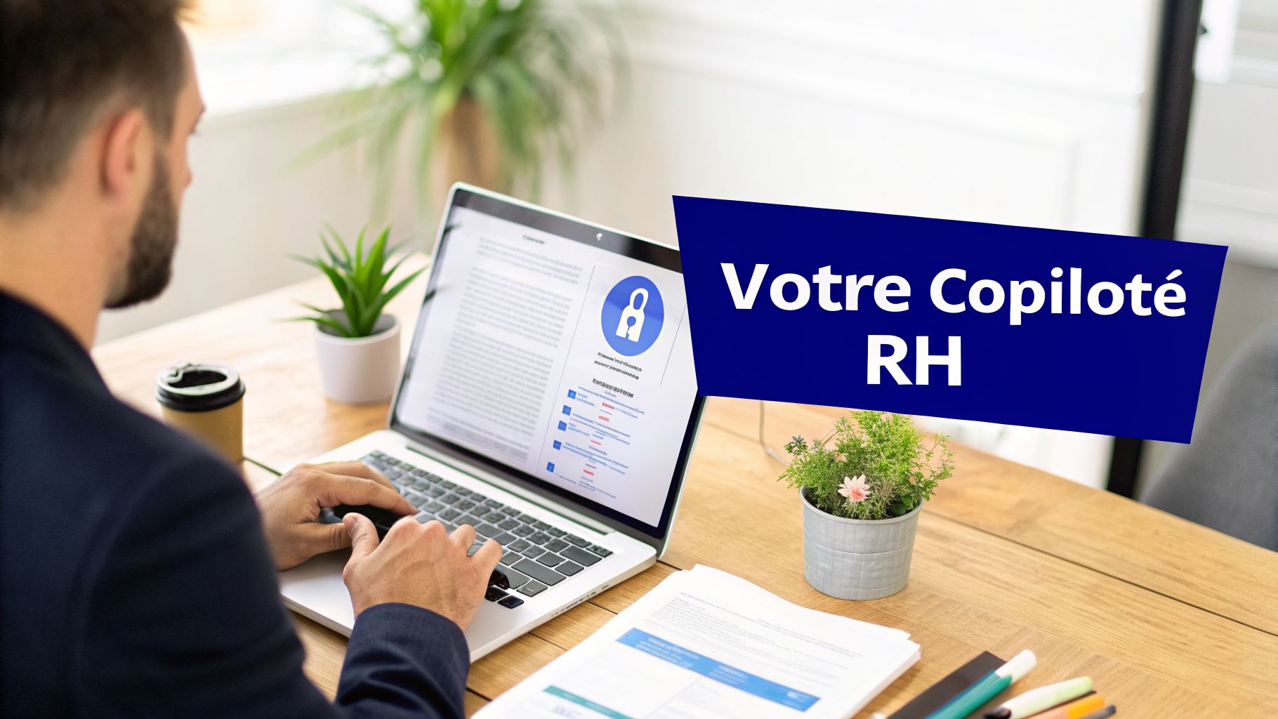 Un homme travaille sur un ordinateur portable affichant une application RH, avec la bannière « Votre Copiloté RH ».