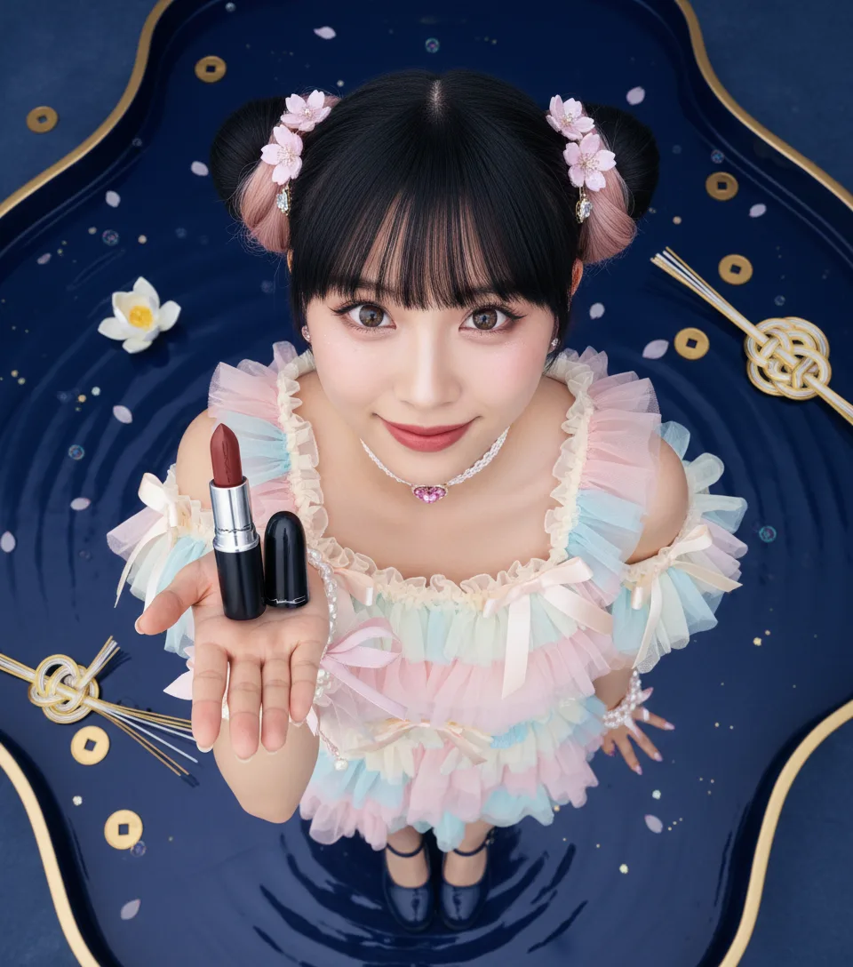 visual created by scene4 ai product photography tool - lipstick campaign with japanese cute girl