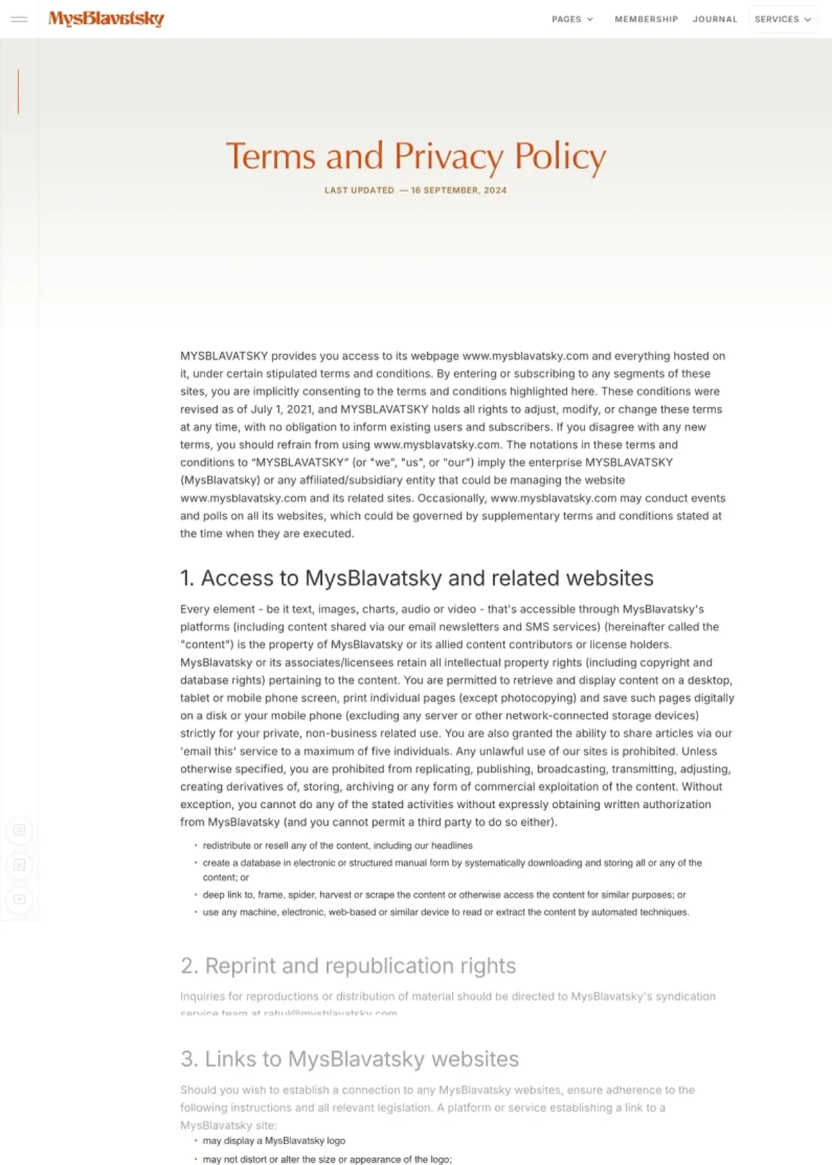 Screenshot of the MysBlavatsky Terms page