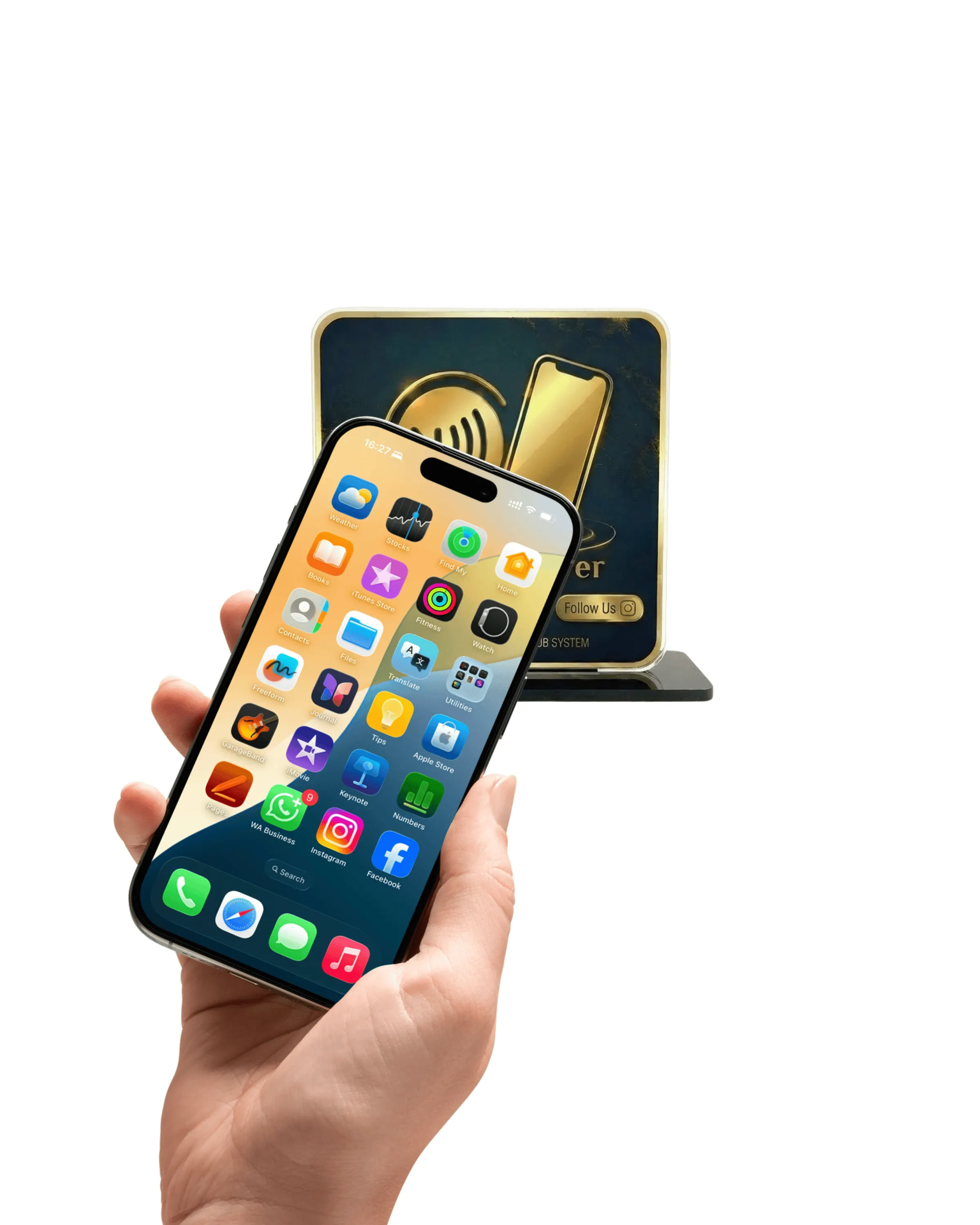 Smartphone held near an NFC table stand to demonstrate tap interaction for accessing digital content
