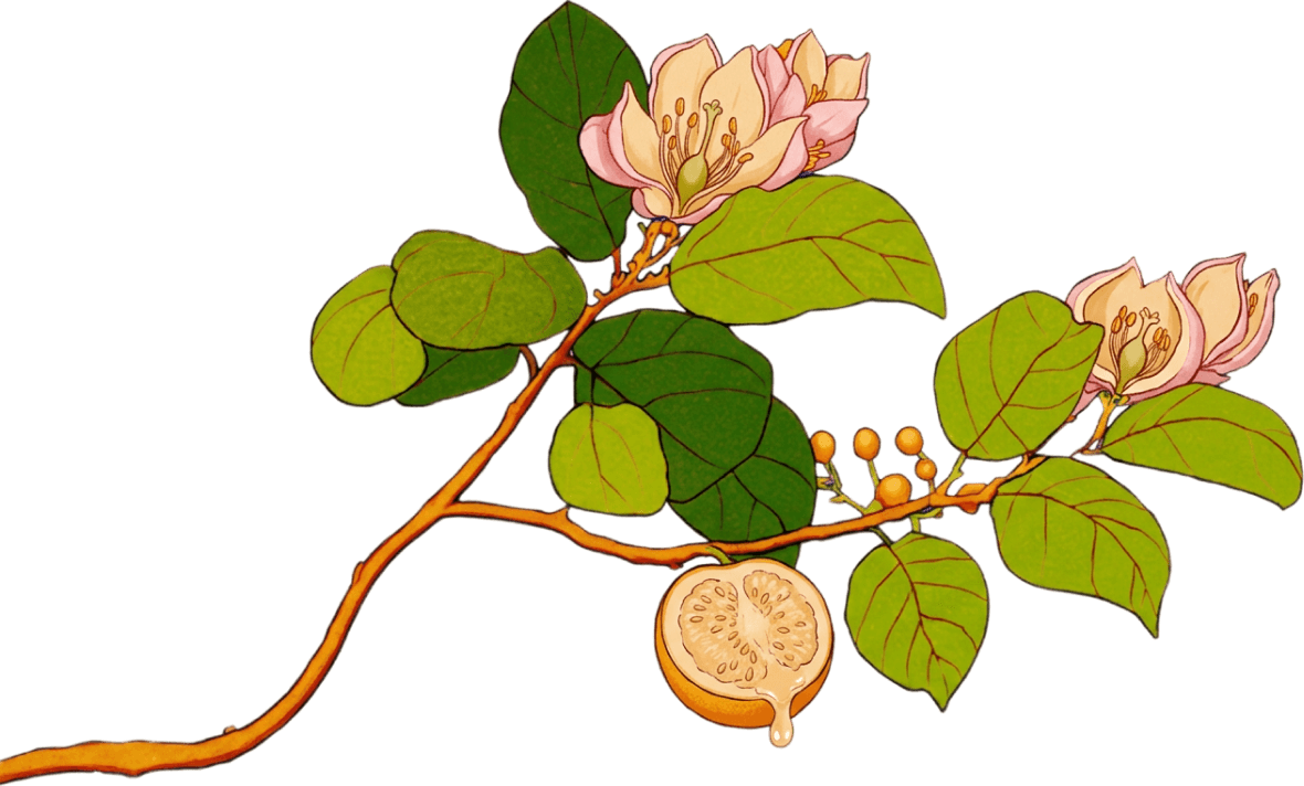 Pink quince blossoms and leaves on a brown branch with small berries