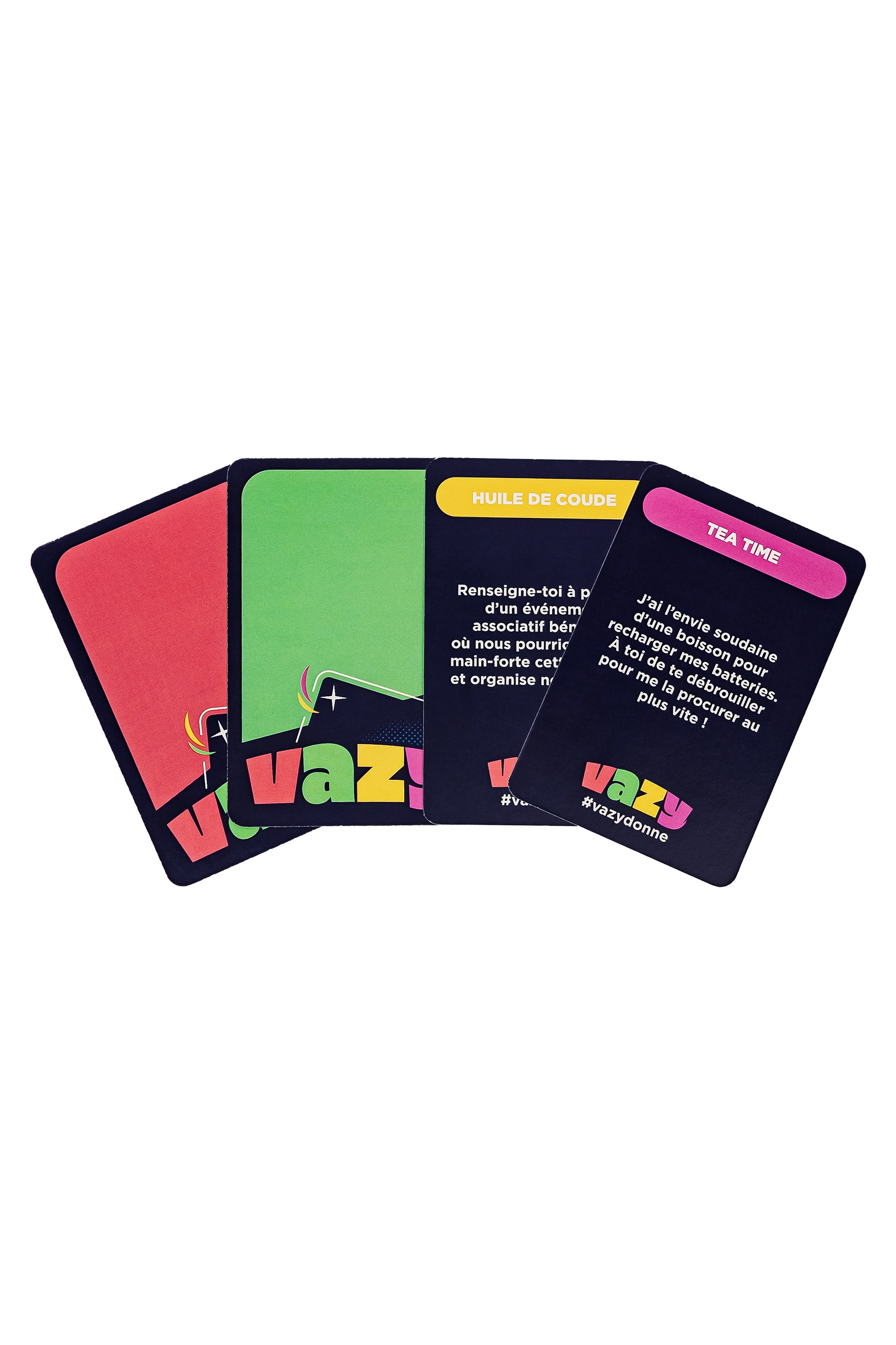 Cartes du jeu “Vazy” avec des défis variés, dont “Huile de coude” et “Tea Time”.