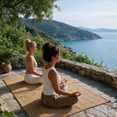Side profile of two women sitting cross-legged in a meditation pose on a mat, on a stone patio overlooking the sea.