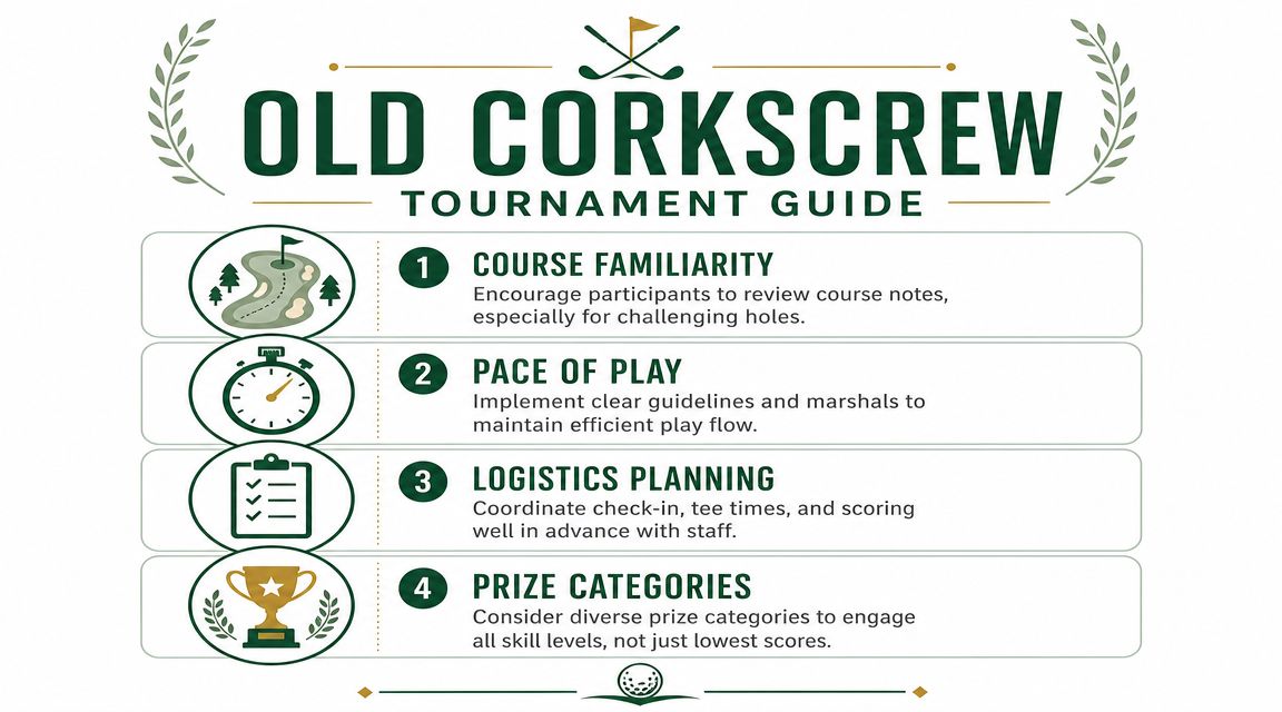 An infographic titled Old Corkscrew Tournament Guide listing four essential tips for planning a successful golf tournament.