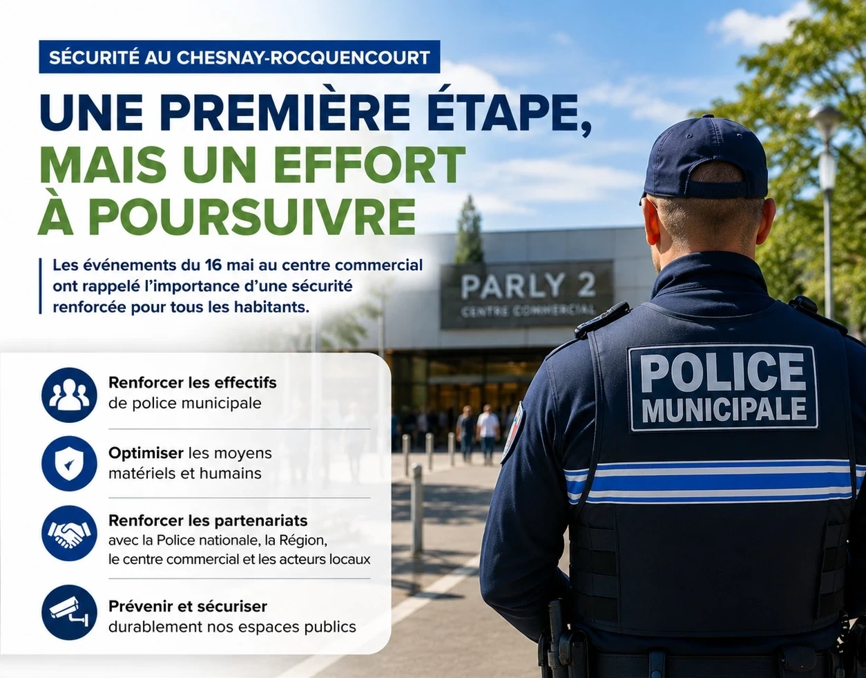 Image d'un policier municipal de dos face à Parly2