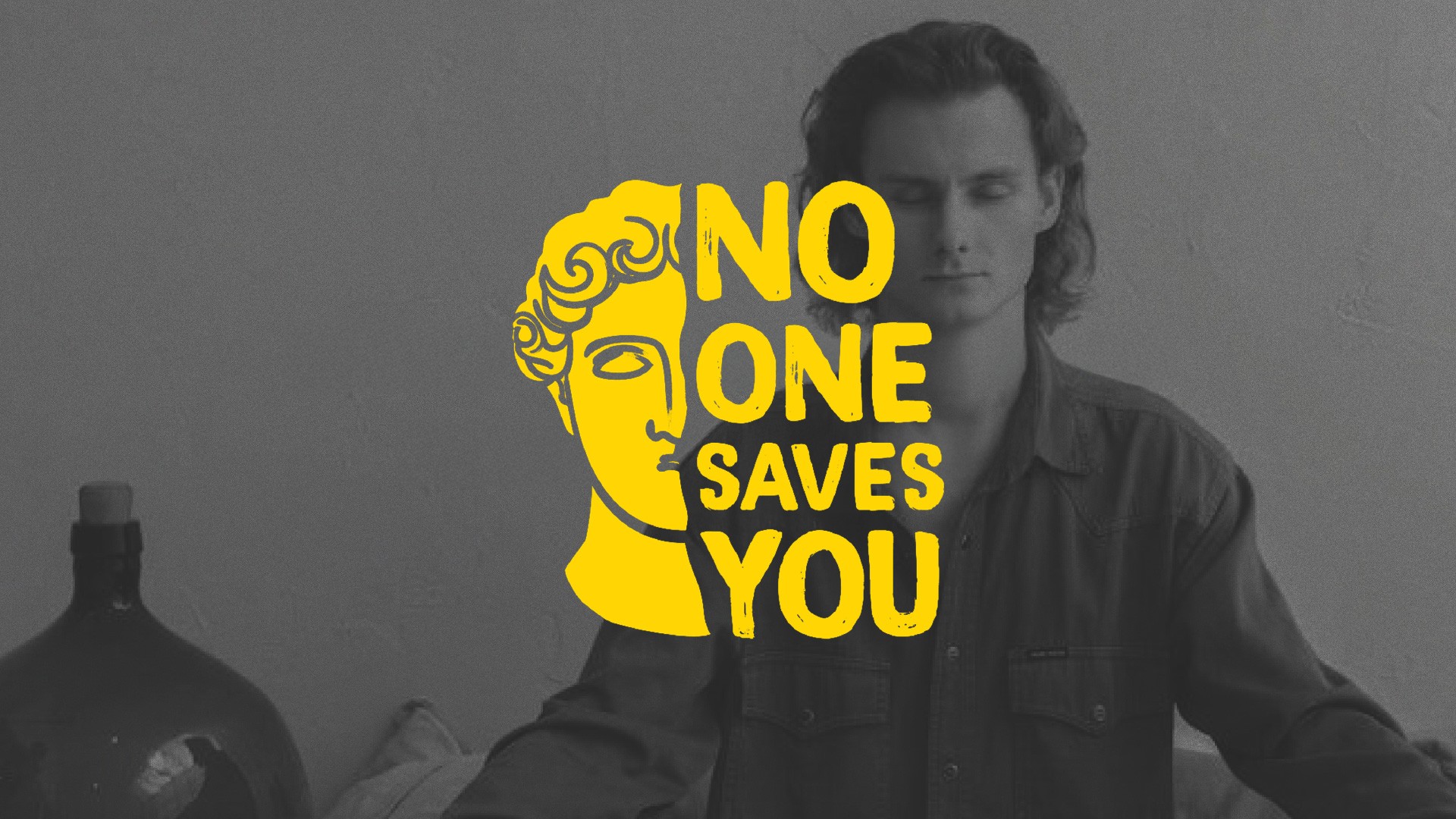 Yellow classical sculpture profile logo with 'NO ONE SAVES YOU' typography against grayscale portrait background, demonstrating modern brand identity design with vintage elements.