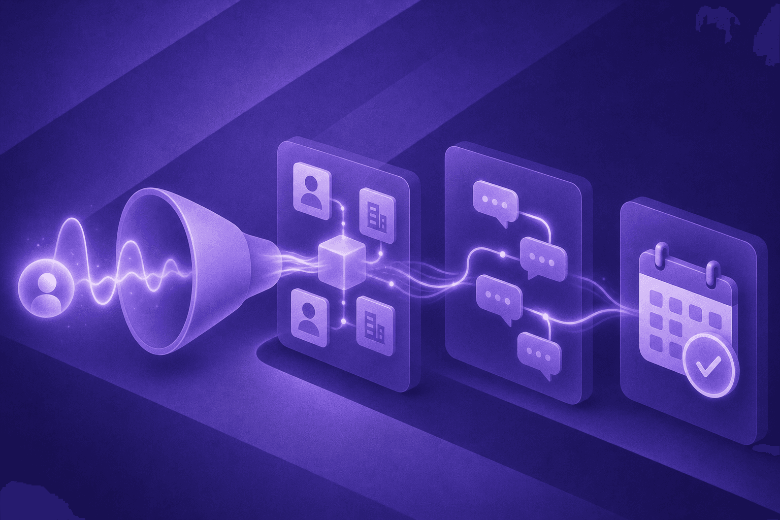 A sleek, modern digital workflow visualization showing a funnel of autonomous sales pipeline stages: a glowing signal pulse representing a website visit, flowing into a data enrichment node with connected profile cards and company logos, then into a branching conversation path with abstract chat bubbles, and finally a calendar booking confirmation icon at the end — all connected by luminous flowing lines on a dark navy background, conveying speed, automation, and intelligent orchestration, no text or labels