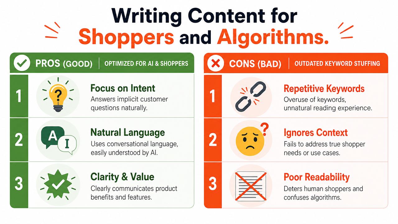 A chart comparing pros and cons of content writing for shoppers and algorithms in e-commerce.