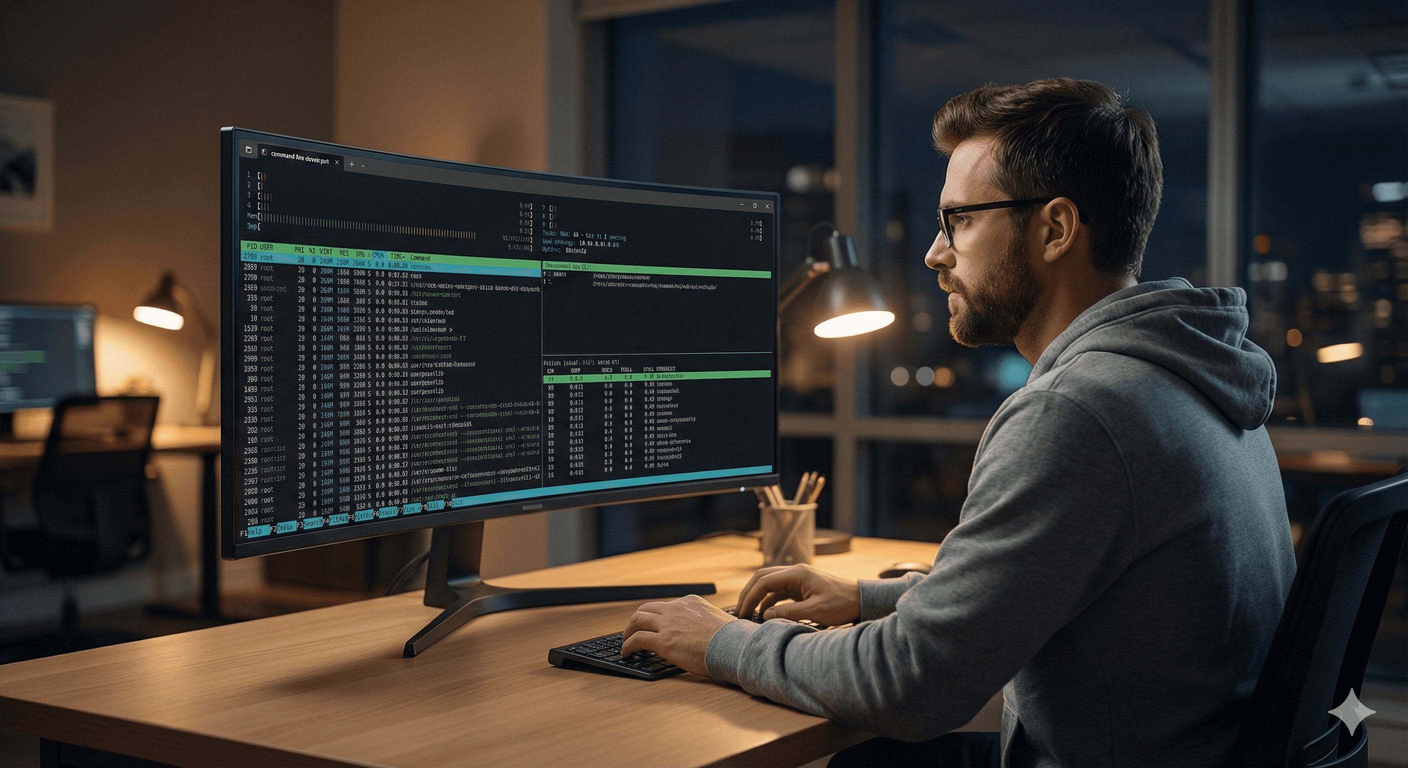 A person in a hoodie focuses on coding at a large computer monitor displaying code and system log files in a dimly lit home office, with city lights visible through the window.