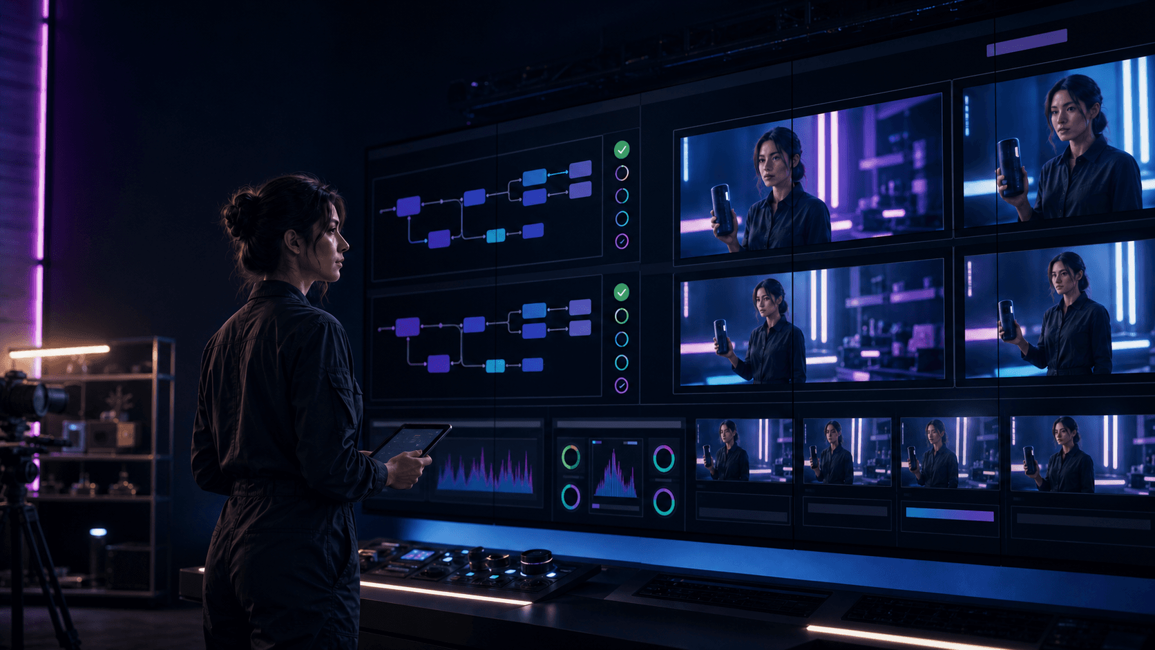 Creator operations engineer comparing matched LTX video pipelines and outputs on a studio monitor wall.
