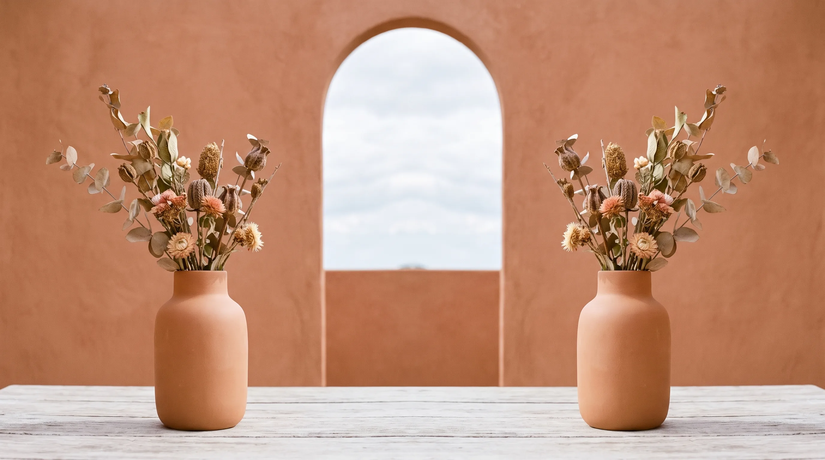 Two matching ceramic vessels mirrored either side of the frame, each holding an equal sprig of dried botanicals
