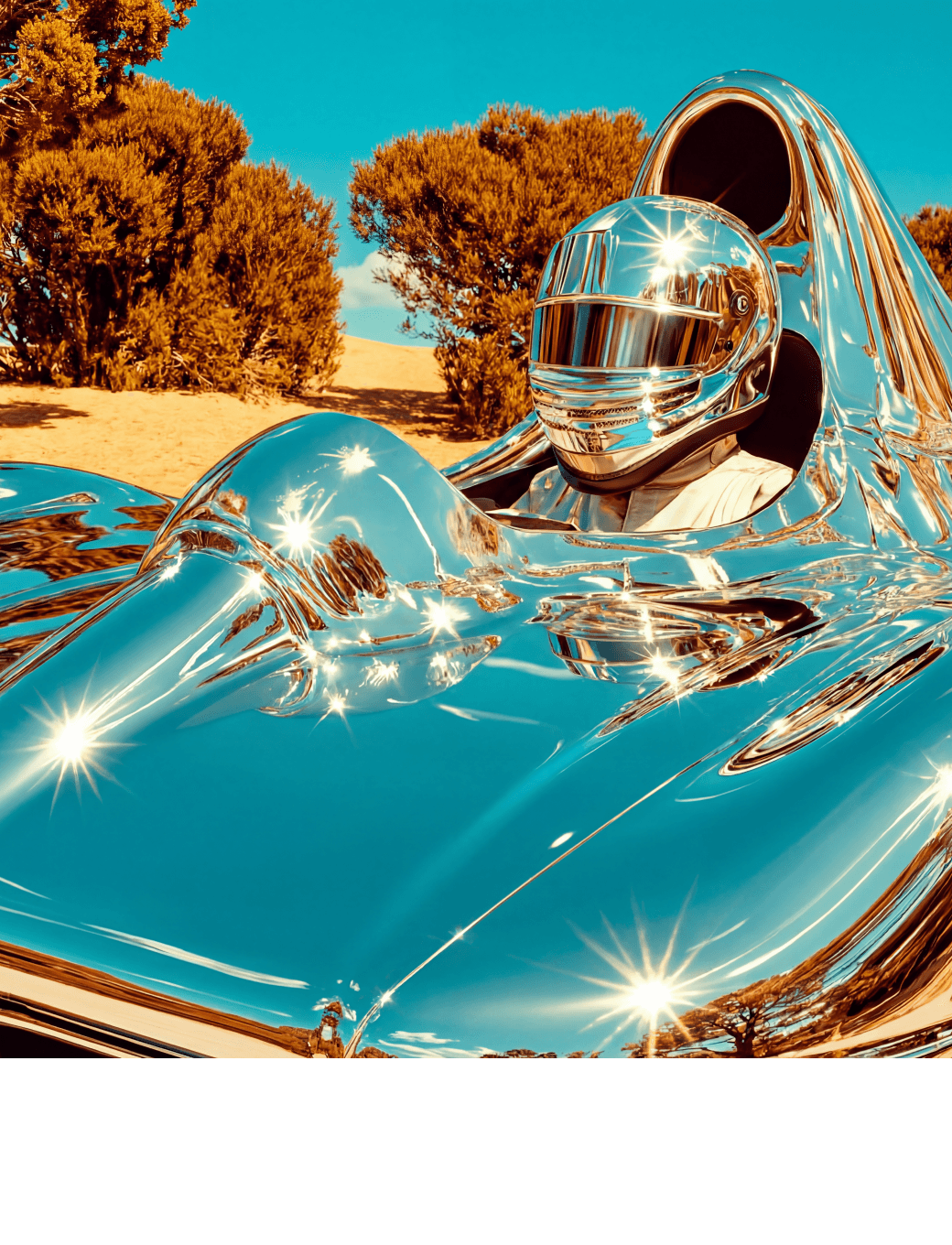 Futuristic chrome astronaut driving a reflective sports car.