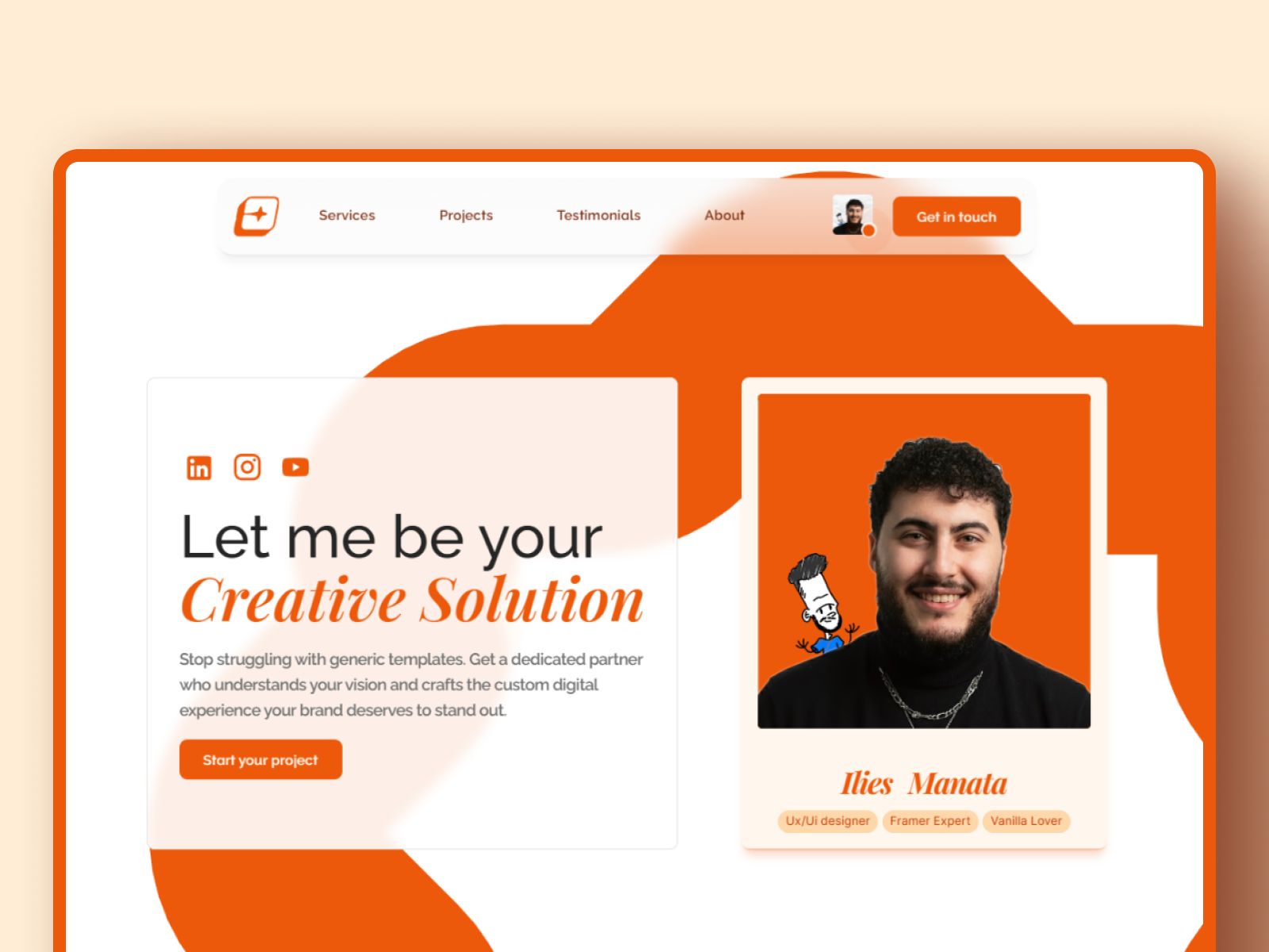 OrangeFolio, template Framer designé et développé par Ilies MANATA, Développeur Expert Framer & Ux / Ui Designer, Freelance, Nord