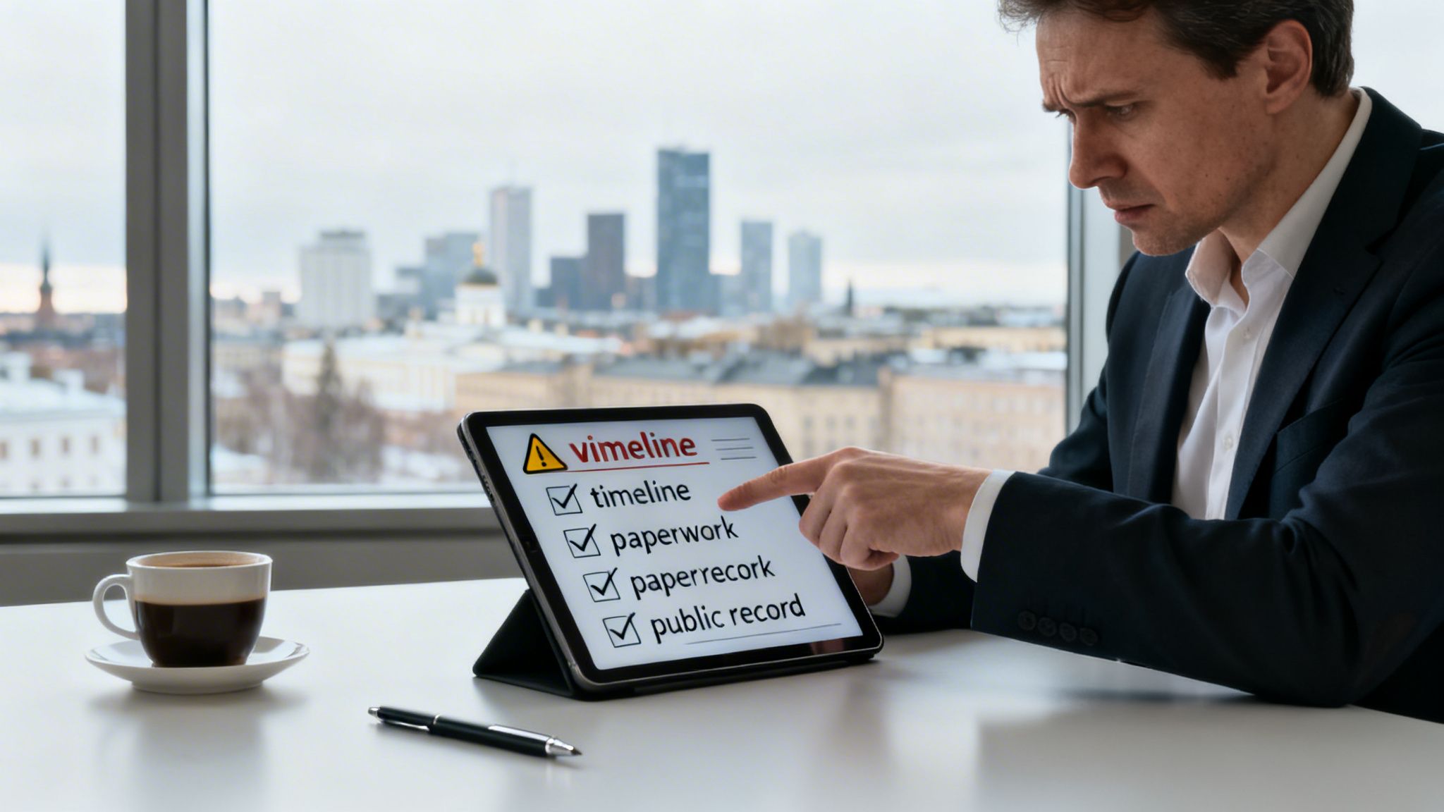 A businessman in a suit reviews a digital checklist on a tablet, pointing at a misspelled word, with a city view outside.