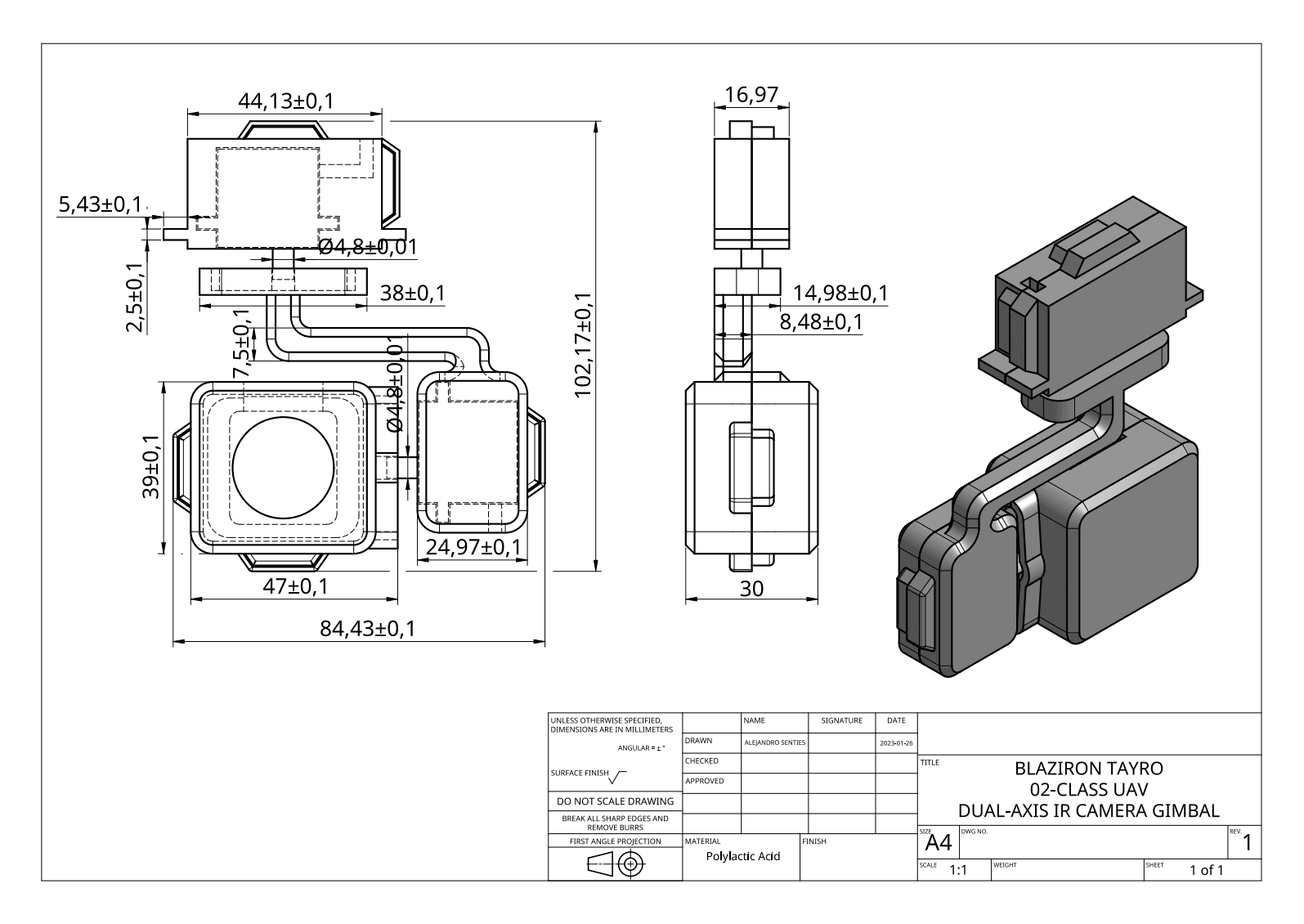 Engineering drawing of the dual-axis camera gimbal designed for the BLZN-1 aircraft.