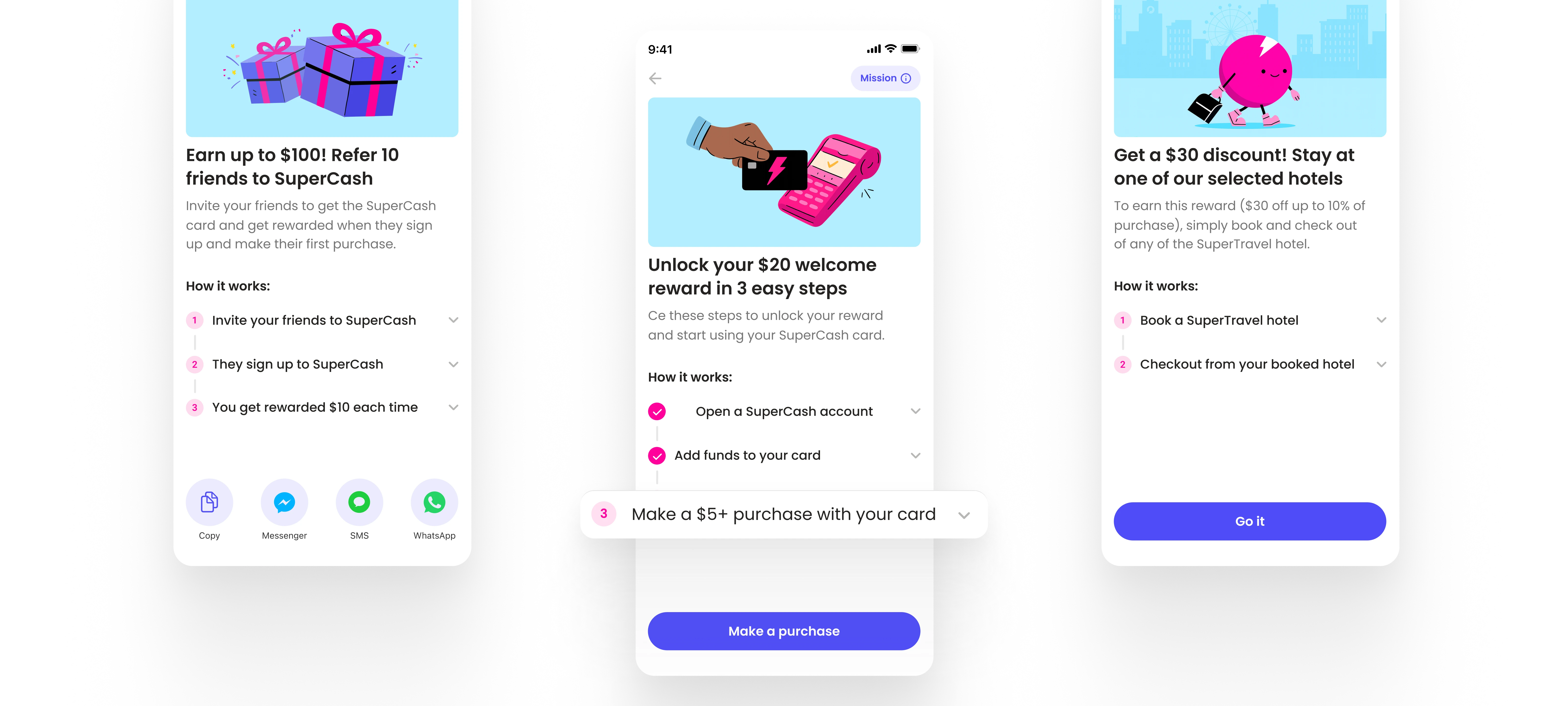 UI mockup of Super.com’s Missions showing three task-based rewards — refer friends, make purchases, and book hotels — illustrating the scalable design of the new mission-based rewards system.