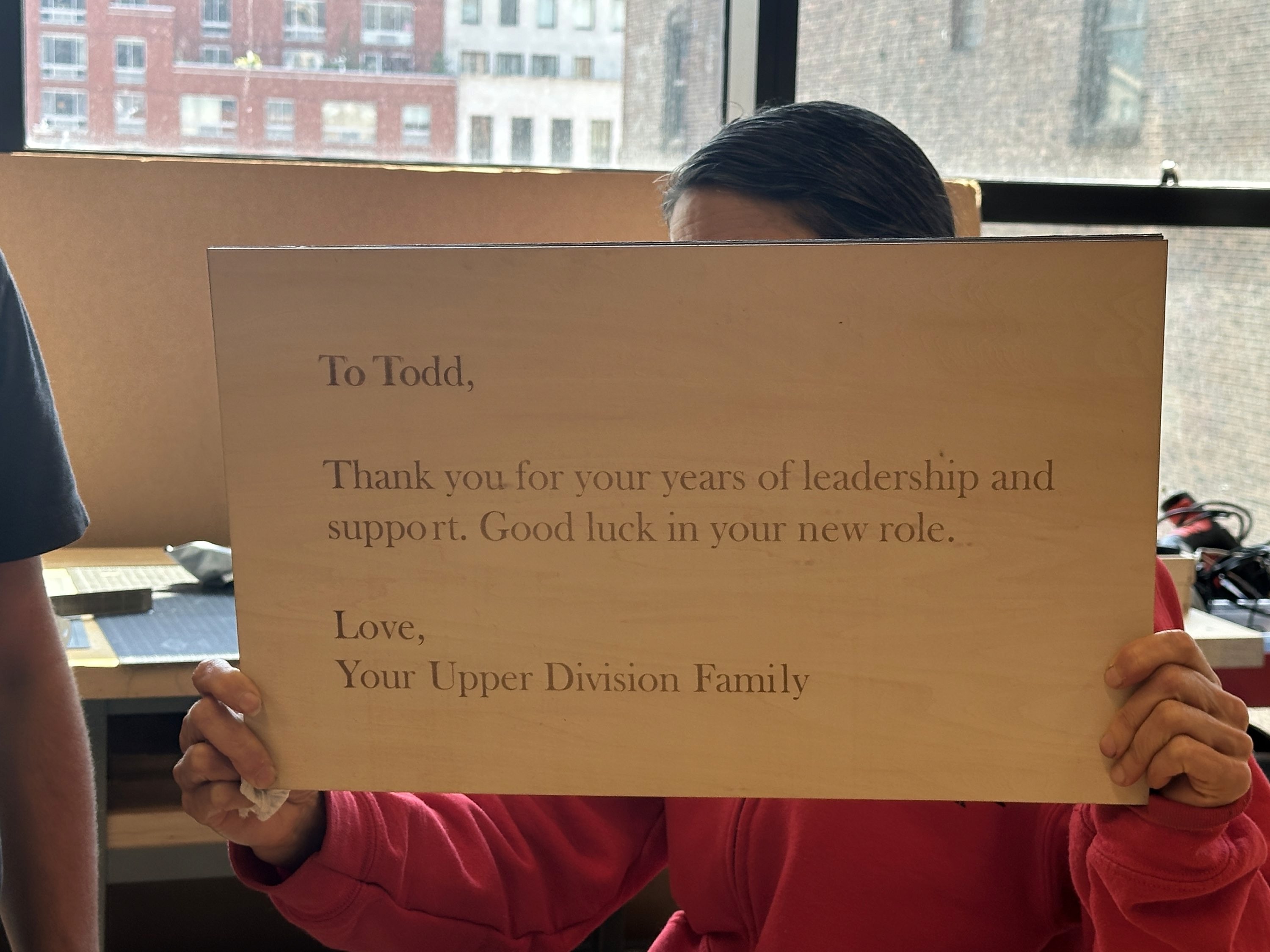 Engraved message on the back of the frame.