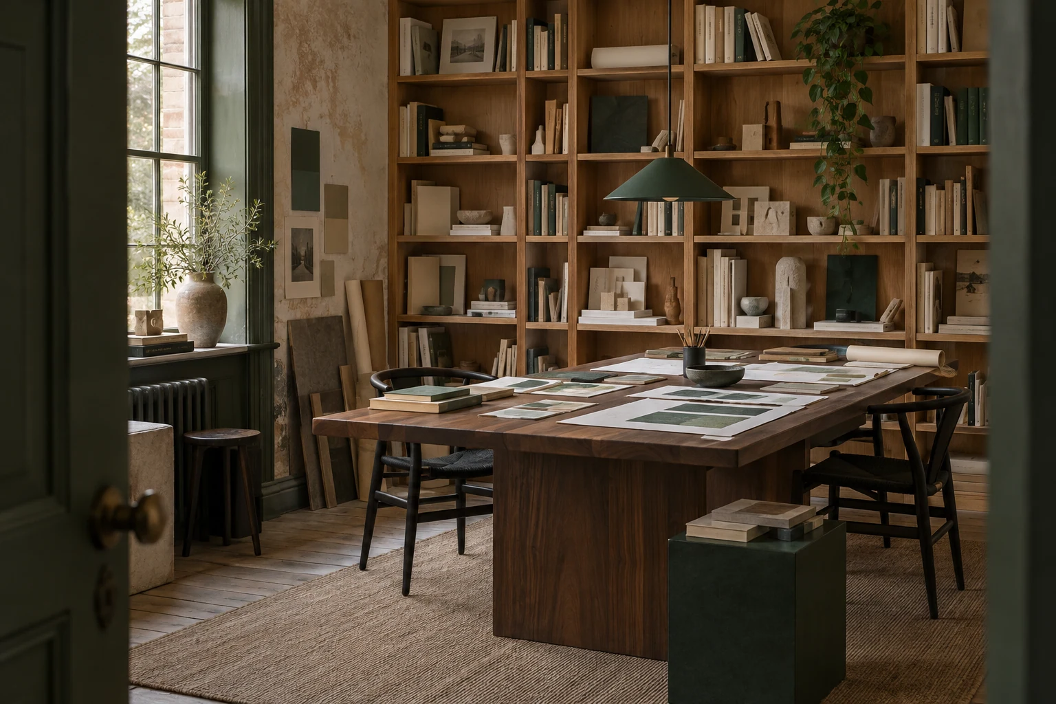 Quiet design workshop with shelves and paper studies