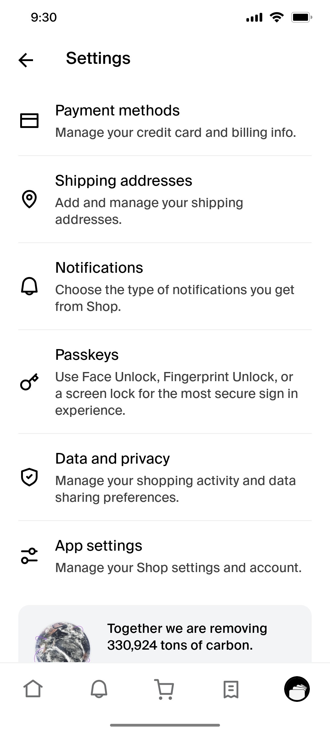 Shop App Setting Screen