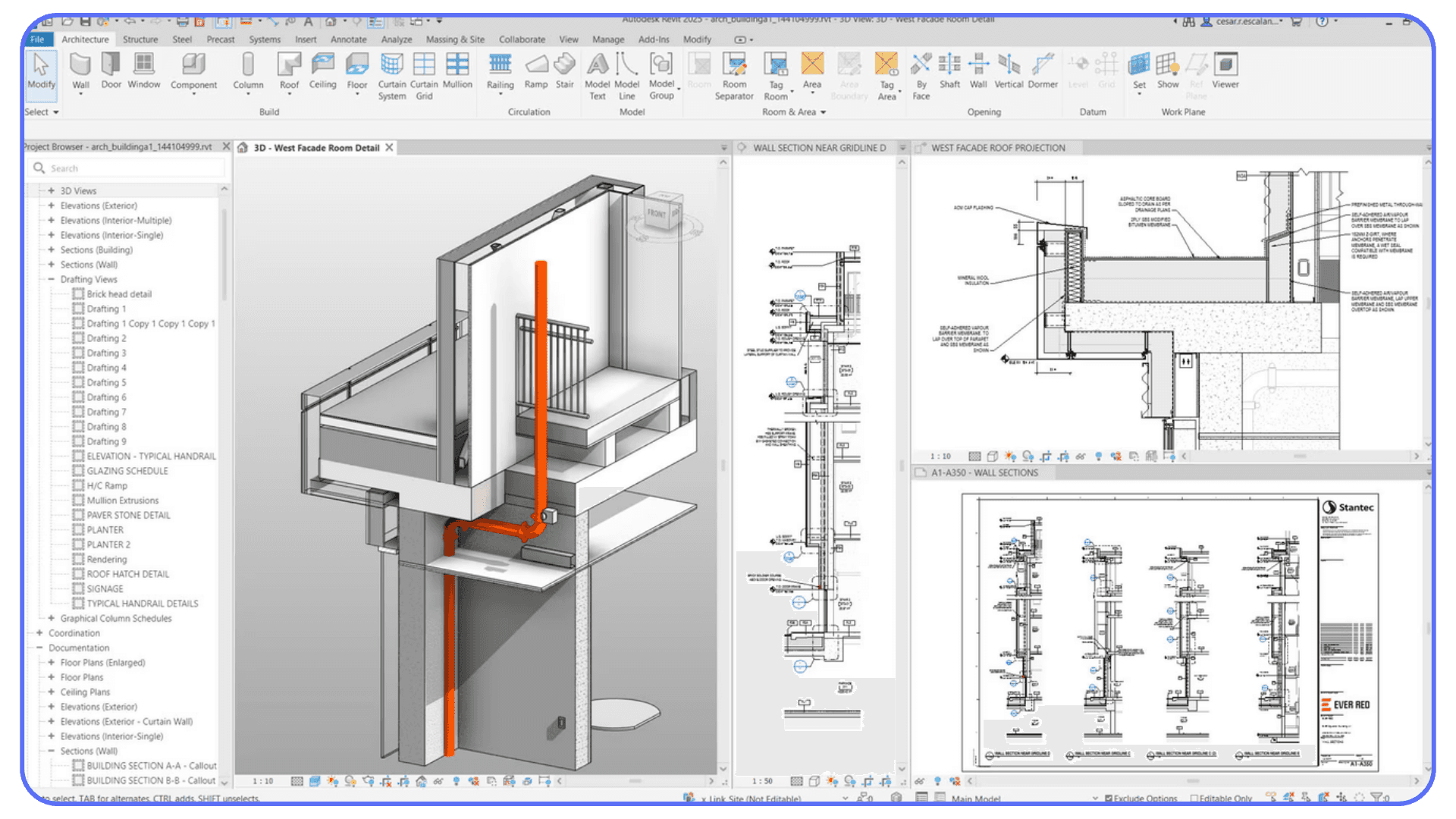 Autodesk Revit interface showing a detailed BIM section view alongside construction details and wall section drawings